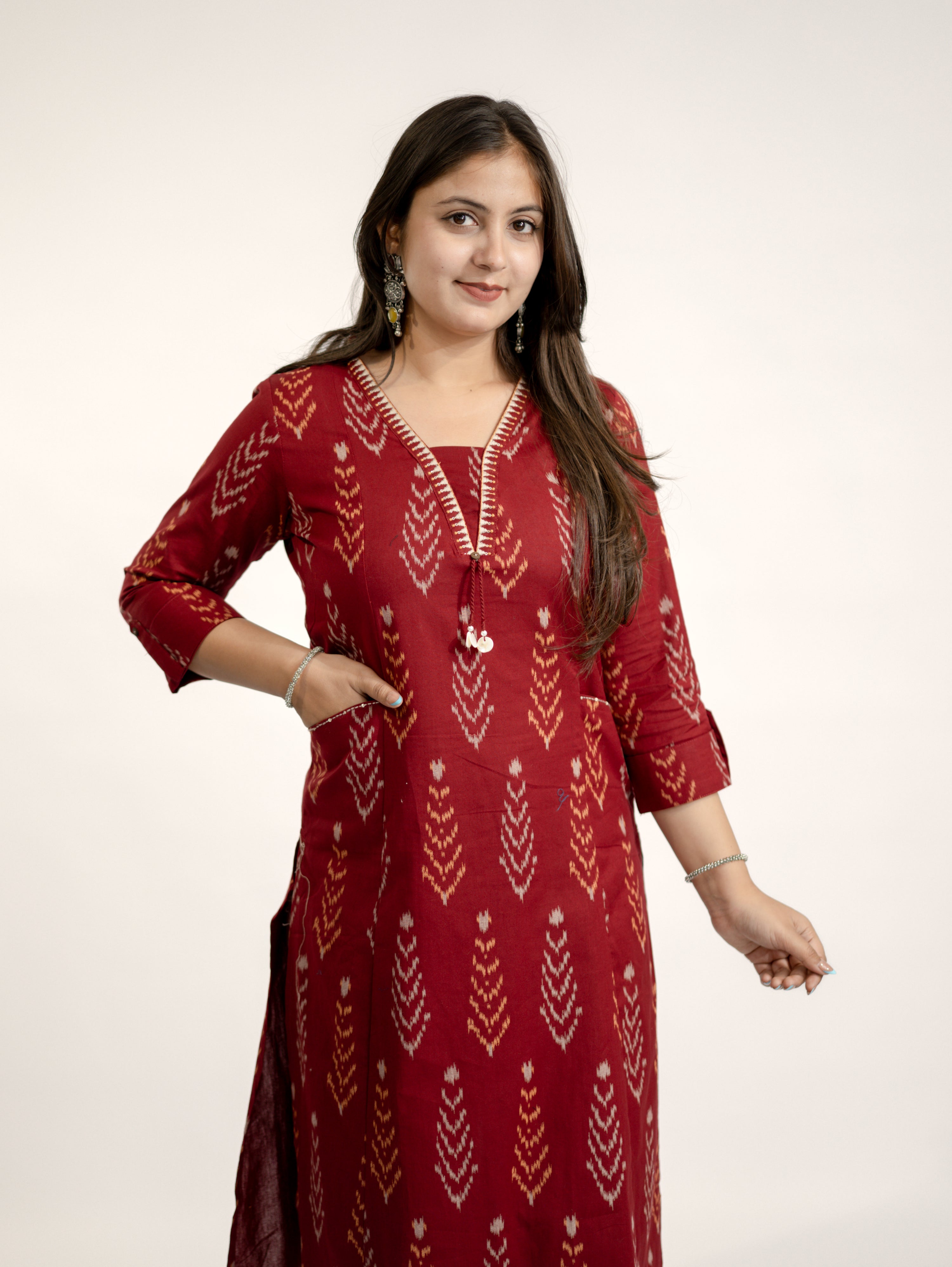 Marya Red Cotton Ikkat Straight Kurta Set