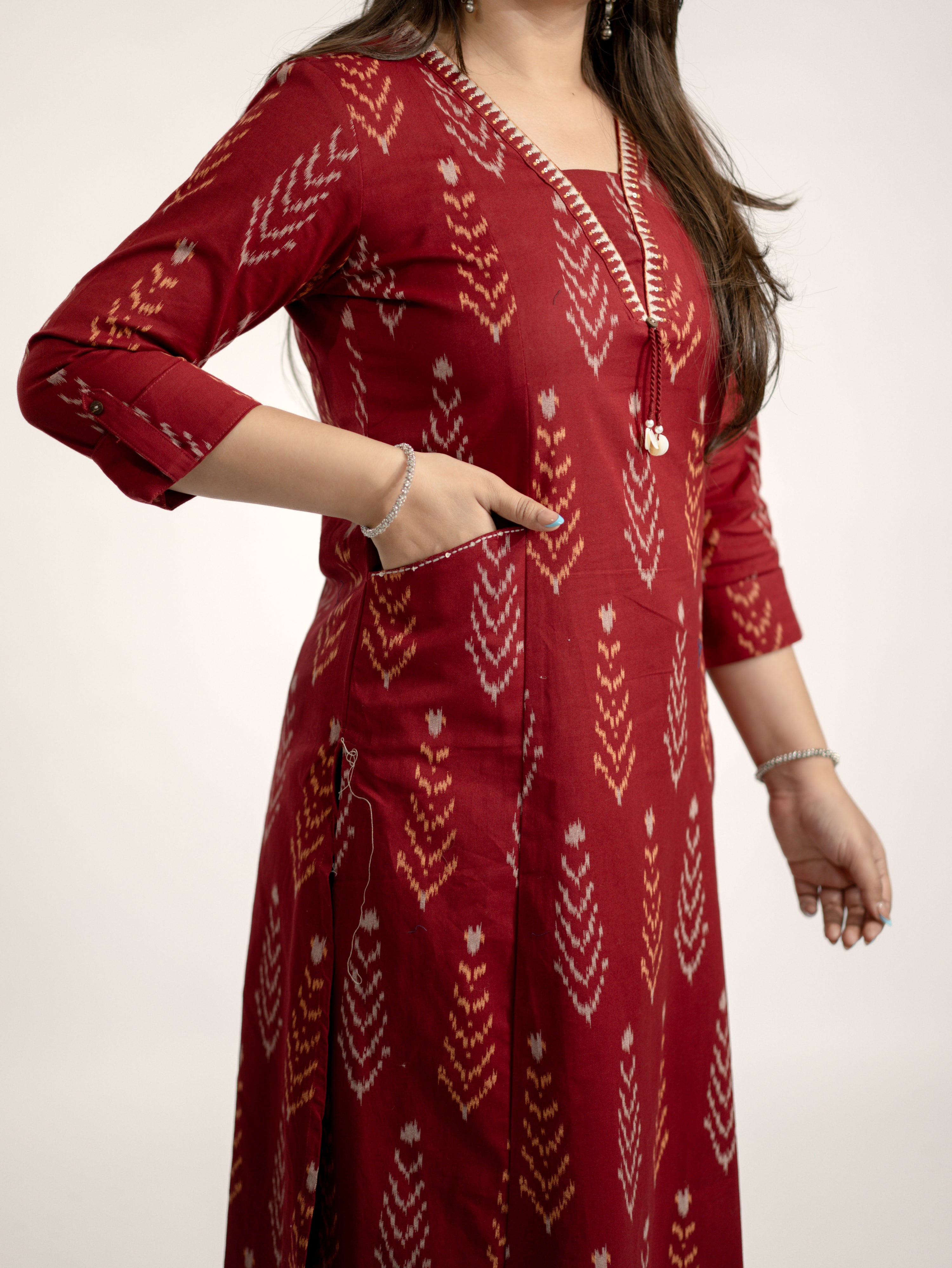 Marya Red Cotton Ikkat Straight Kurta Set