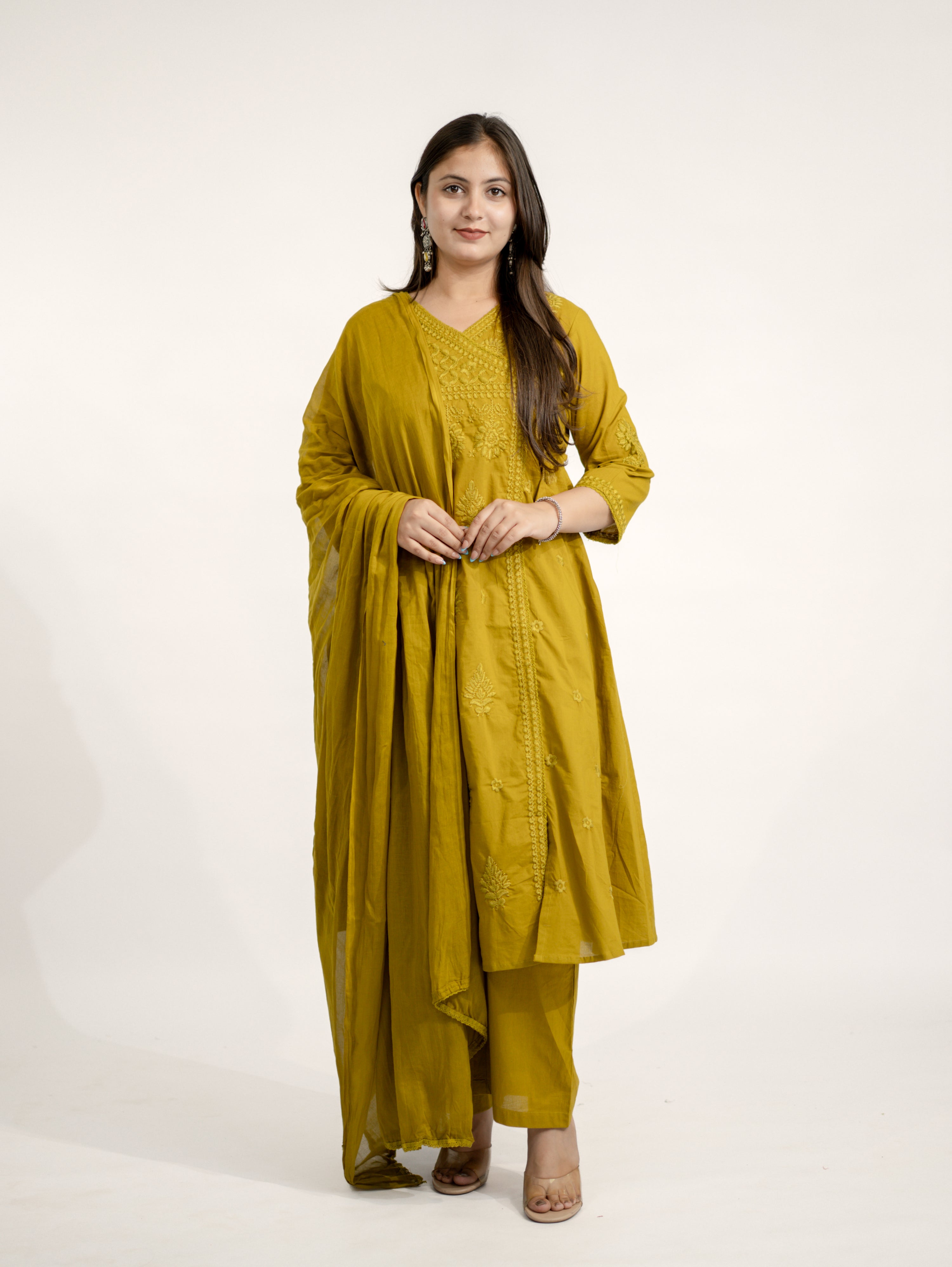 Zinal Mustard Cotton Chikankari Embroidered Angrakha Dupatta Set