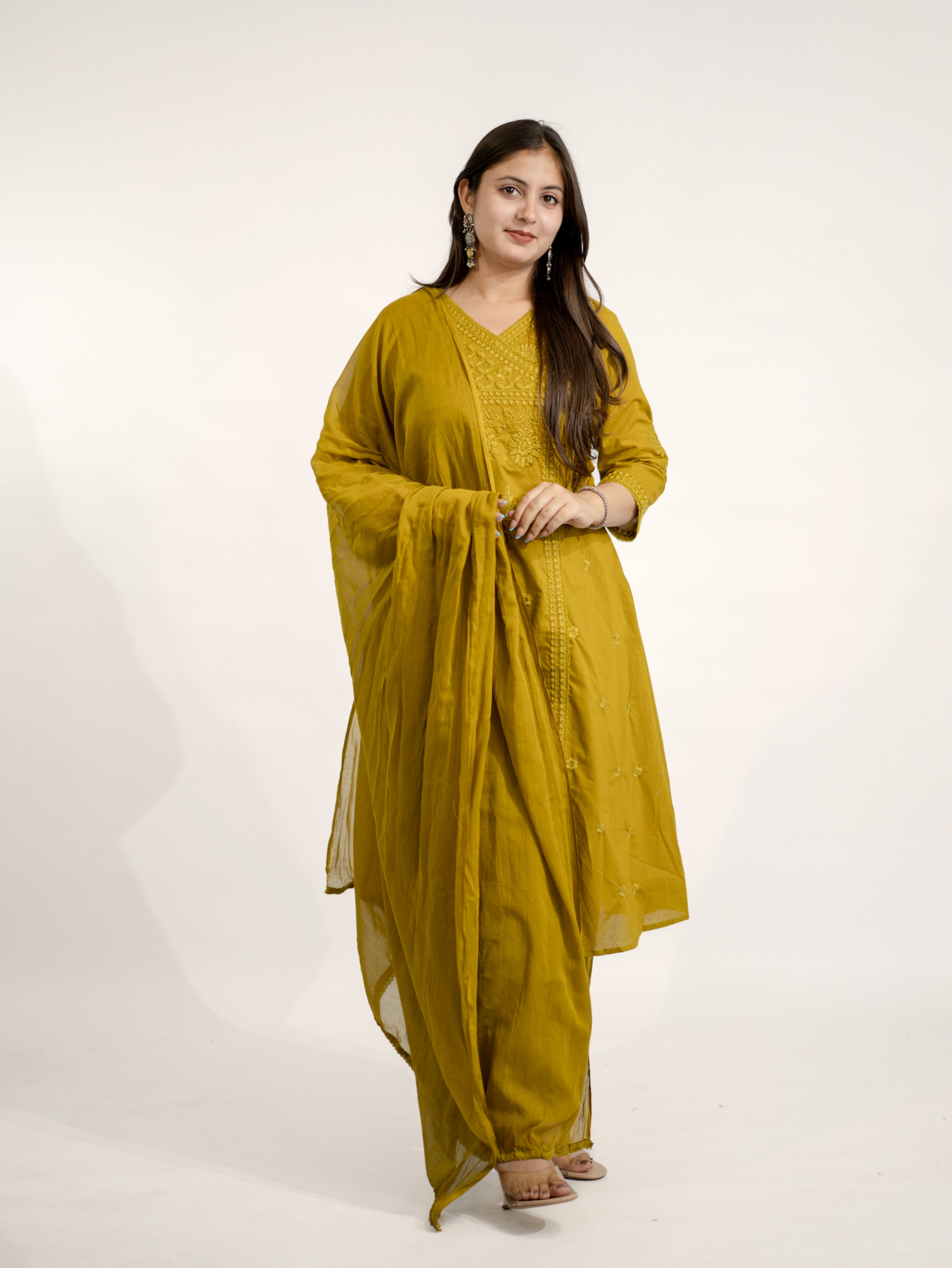 Zinal Mustard Cotton Chikankari Embroidered Angrakha Dupatta Set