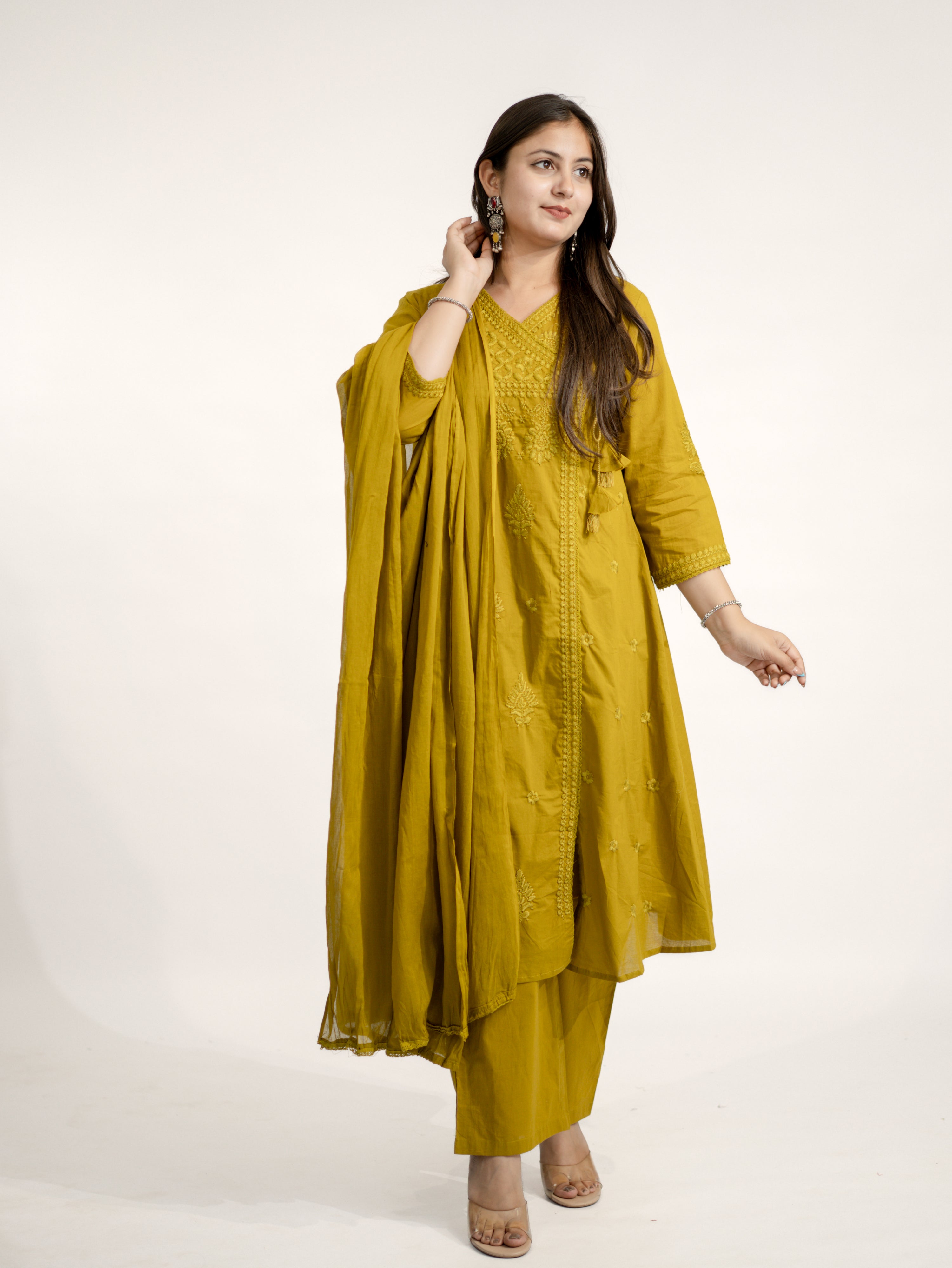 Zinal Mustard Cotton Chikankari Embroidered Angrakha Dupatta Set