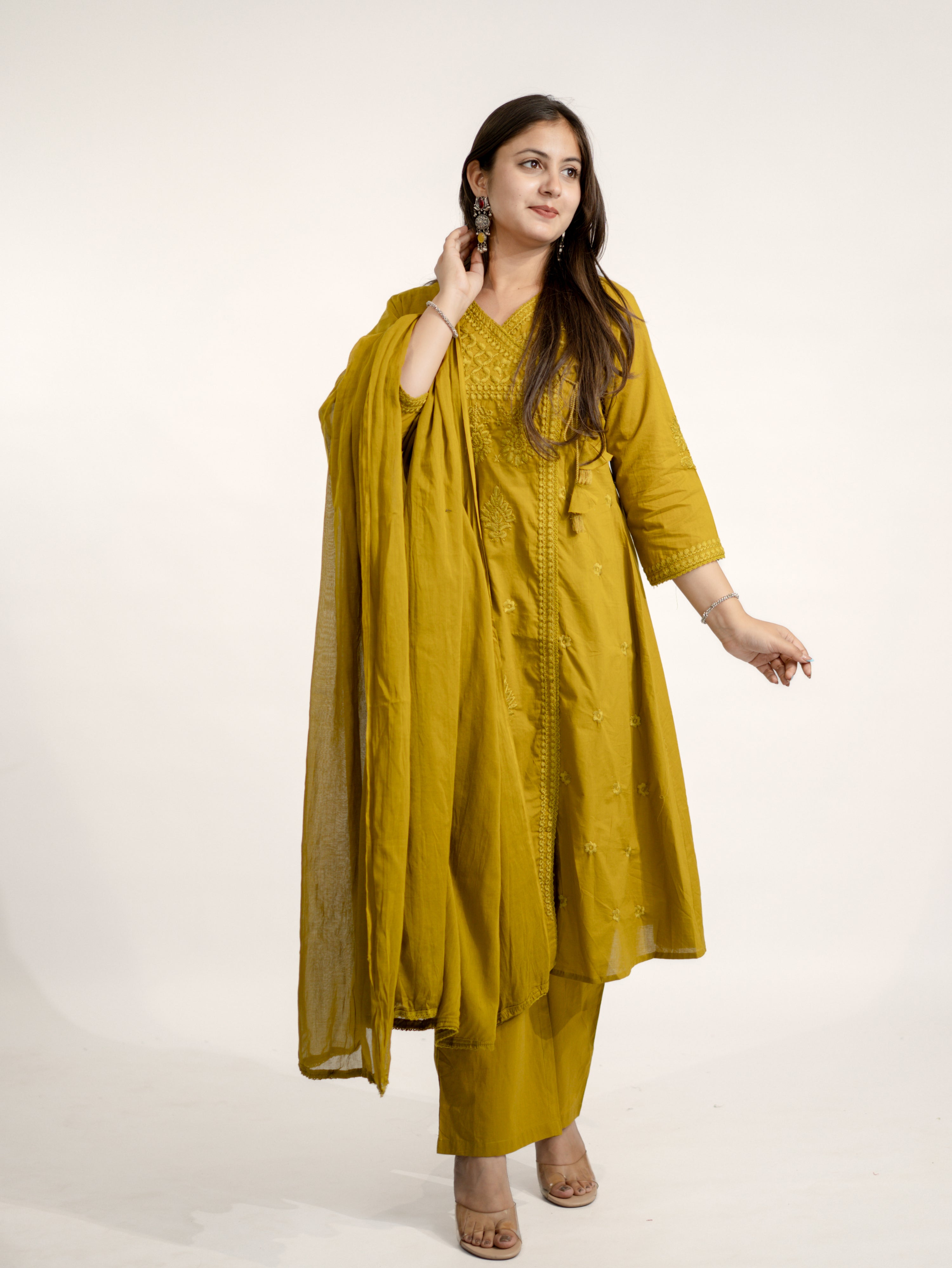 Zinal Mustard Cotton Chikankari Embroidered Angrakha Dupatta Set