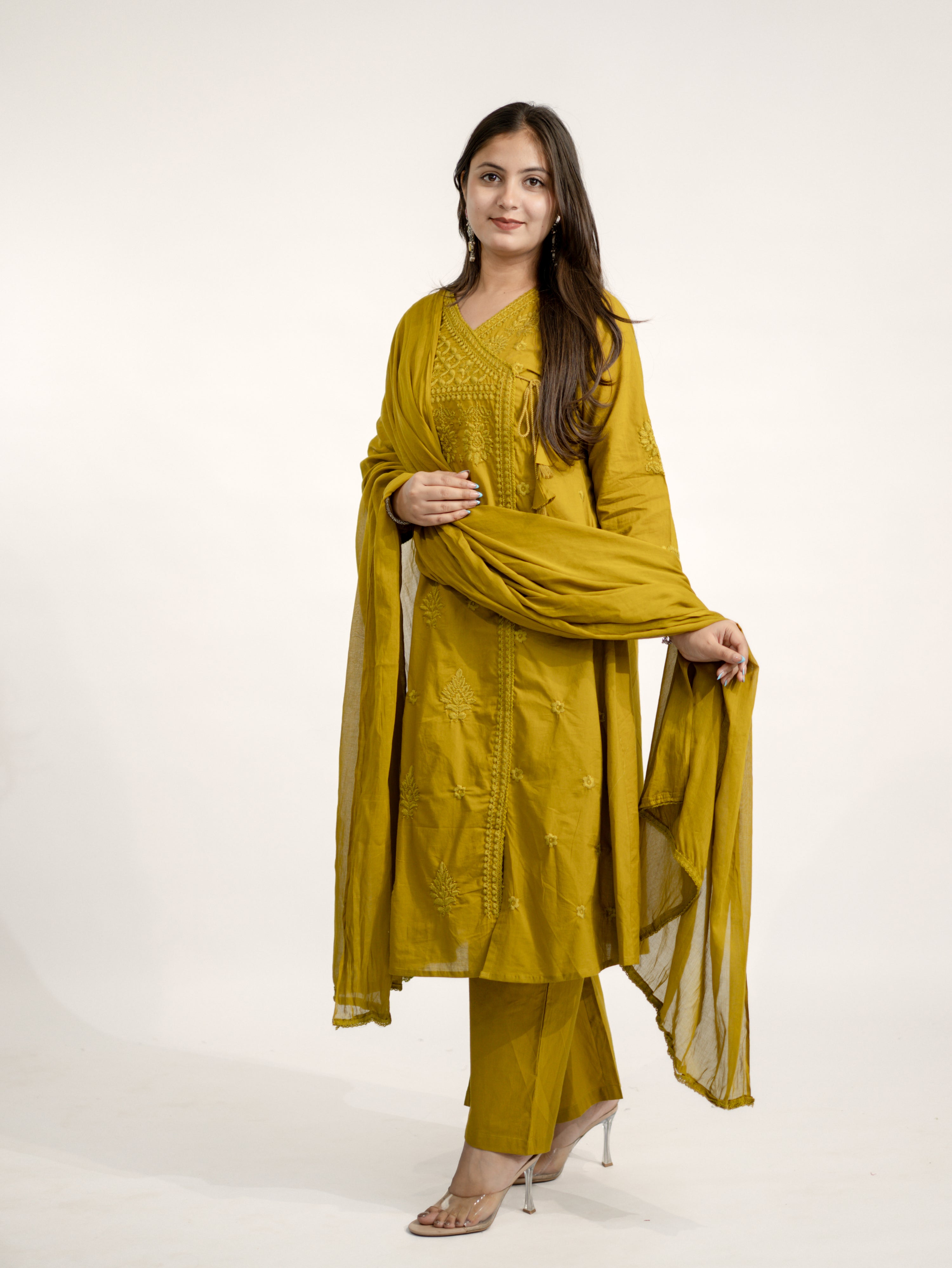 Zinal Mustard Cotton Chikankari Embroidered Angrakha Dupatta Set