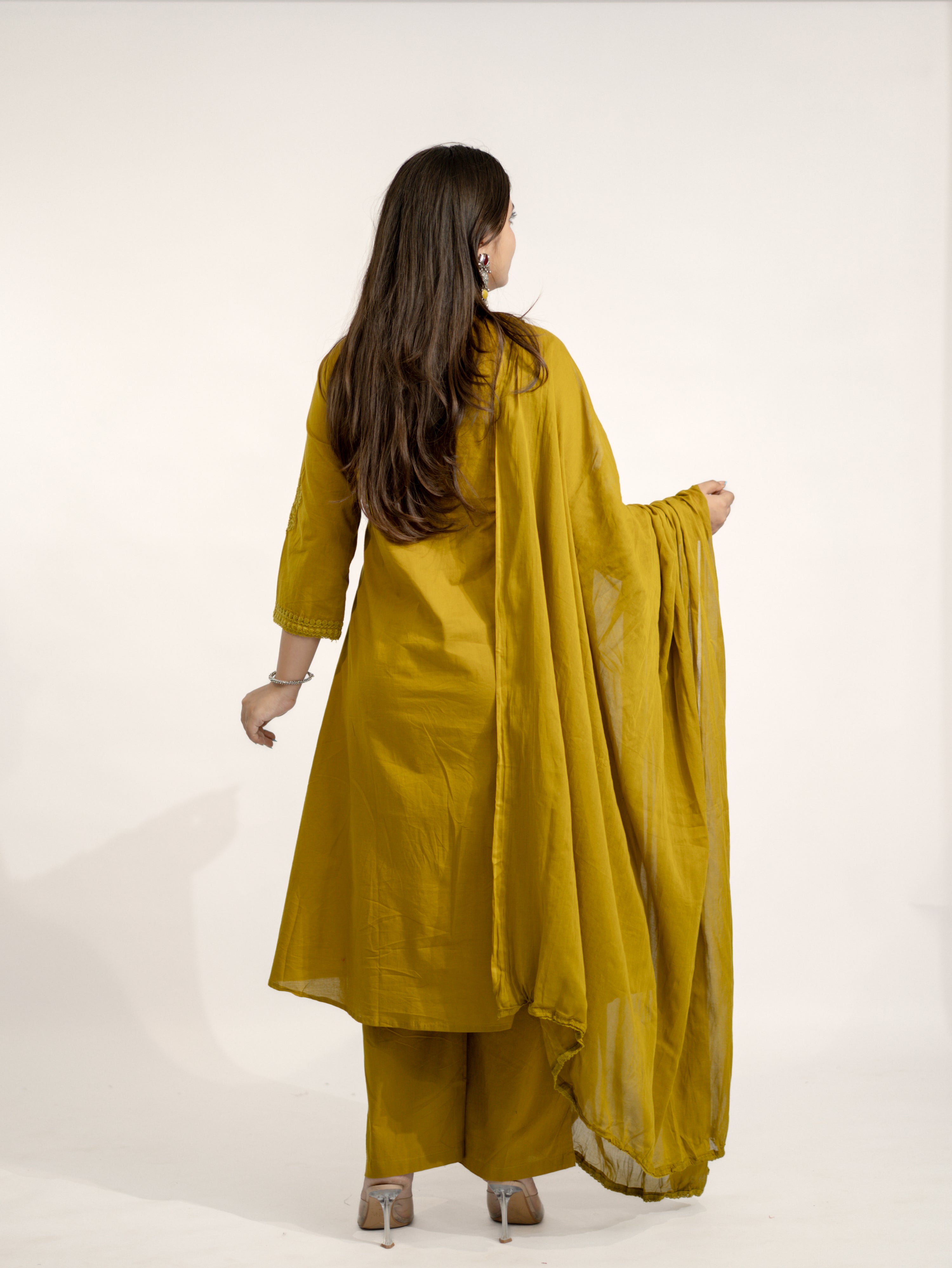 Zinal Mustard Cotton Chikankari Embroidered Angrakha Dupatta Set