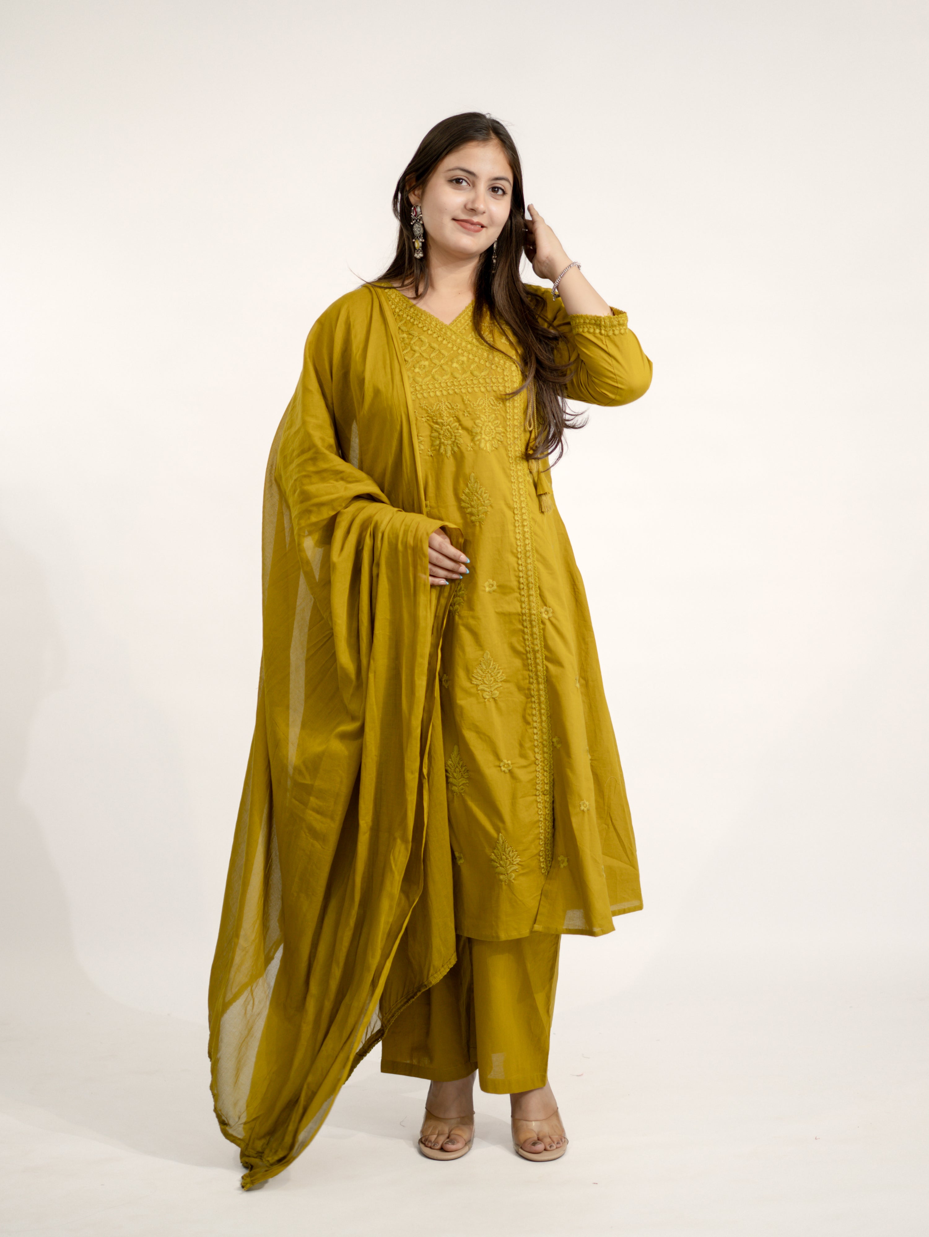 Zinal Mustard Cotton Chikankari Embroidered Angrakha Dupatta Set