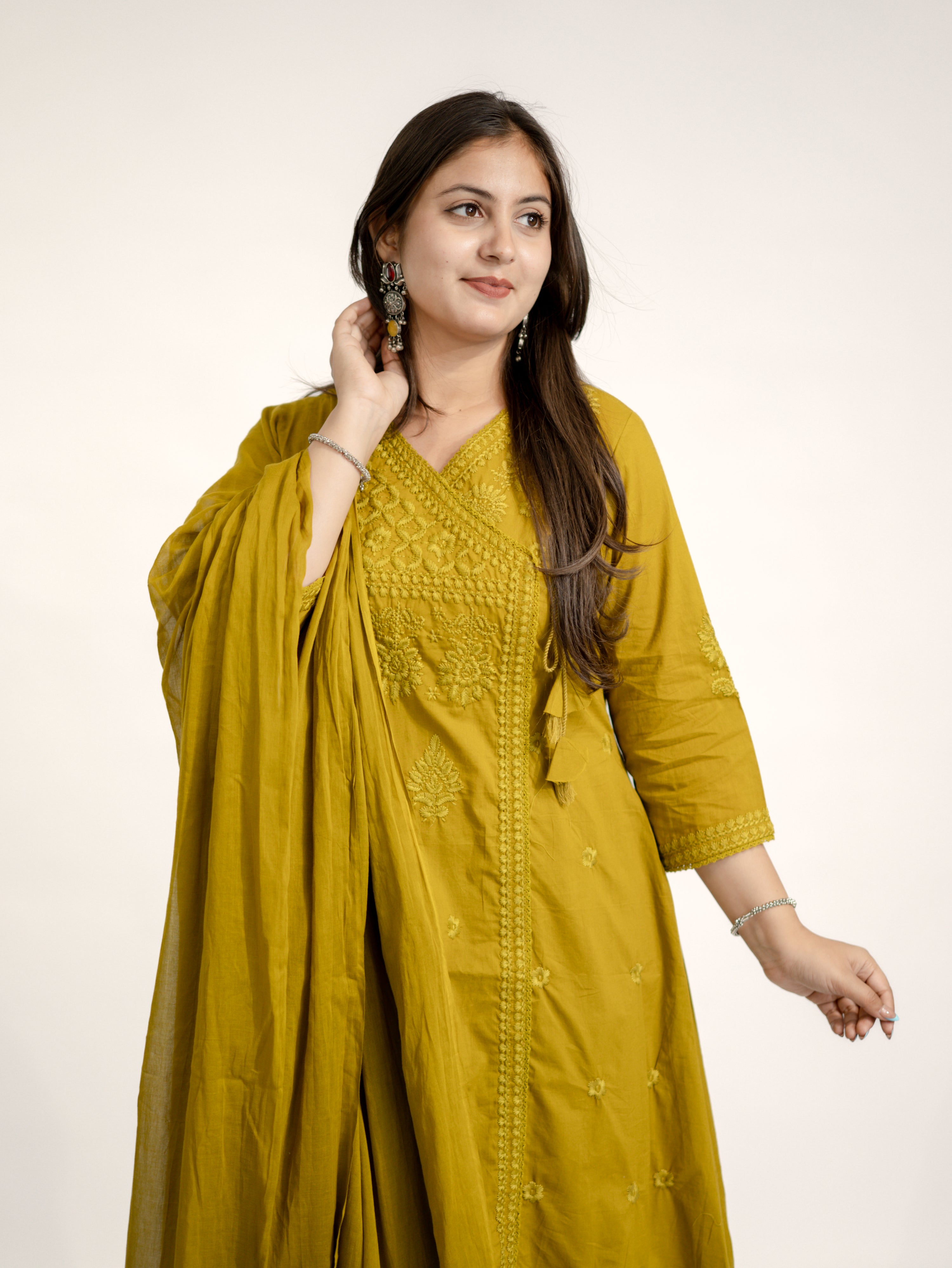 Zinal Mustard Cotton Chikankari Embroidered Angrakha Dupatta Set