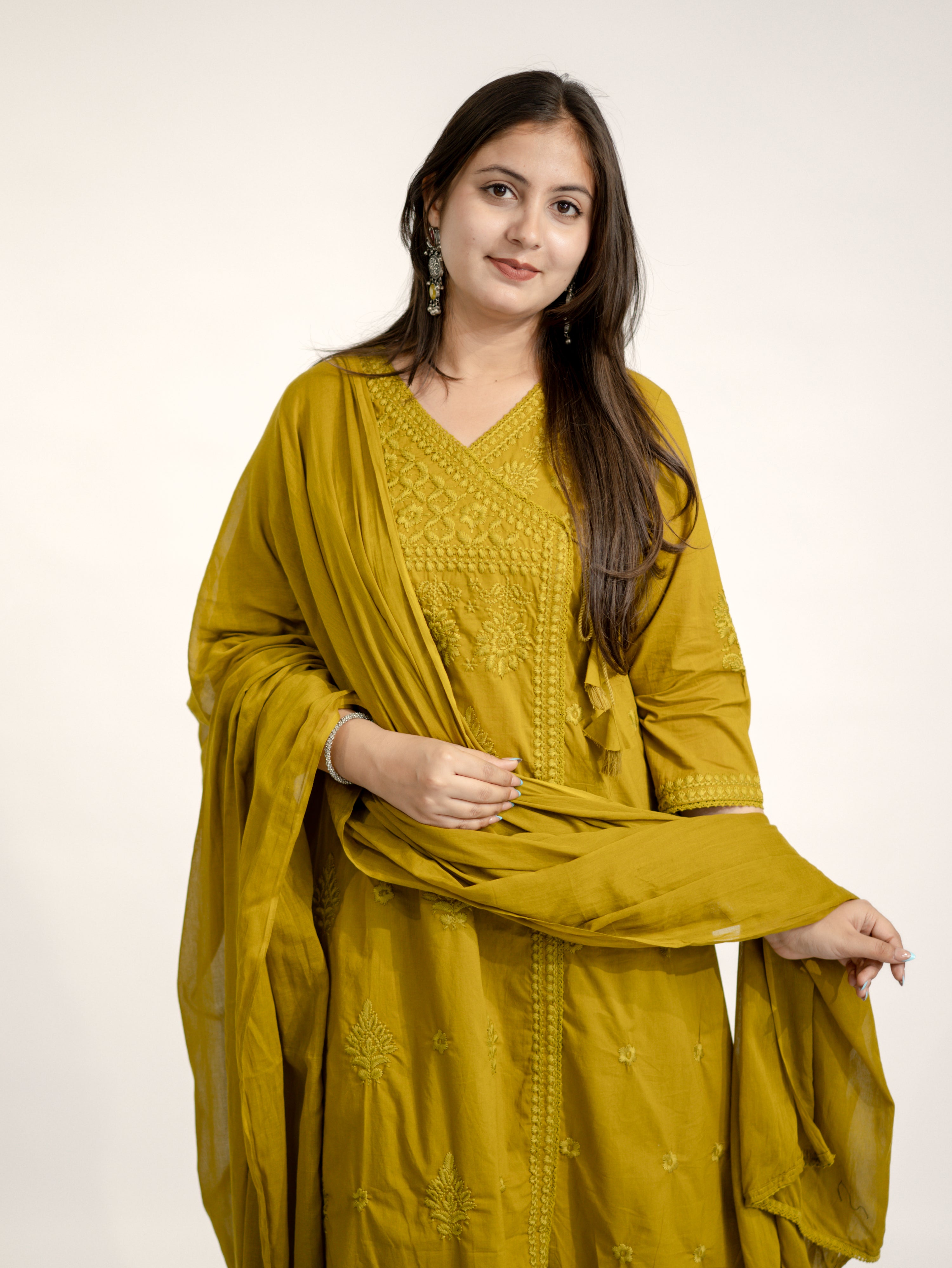 Zinal Mustard Cotton Chikankari Embroidered Angrakha Dupatta Set