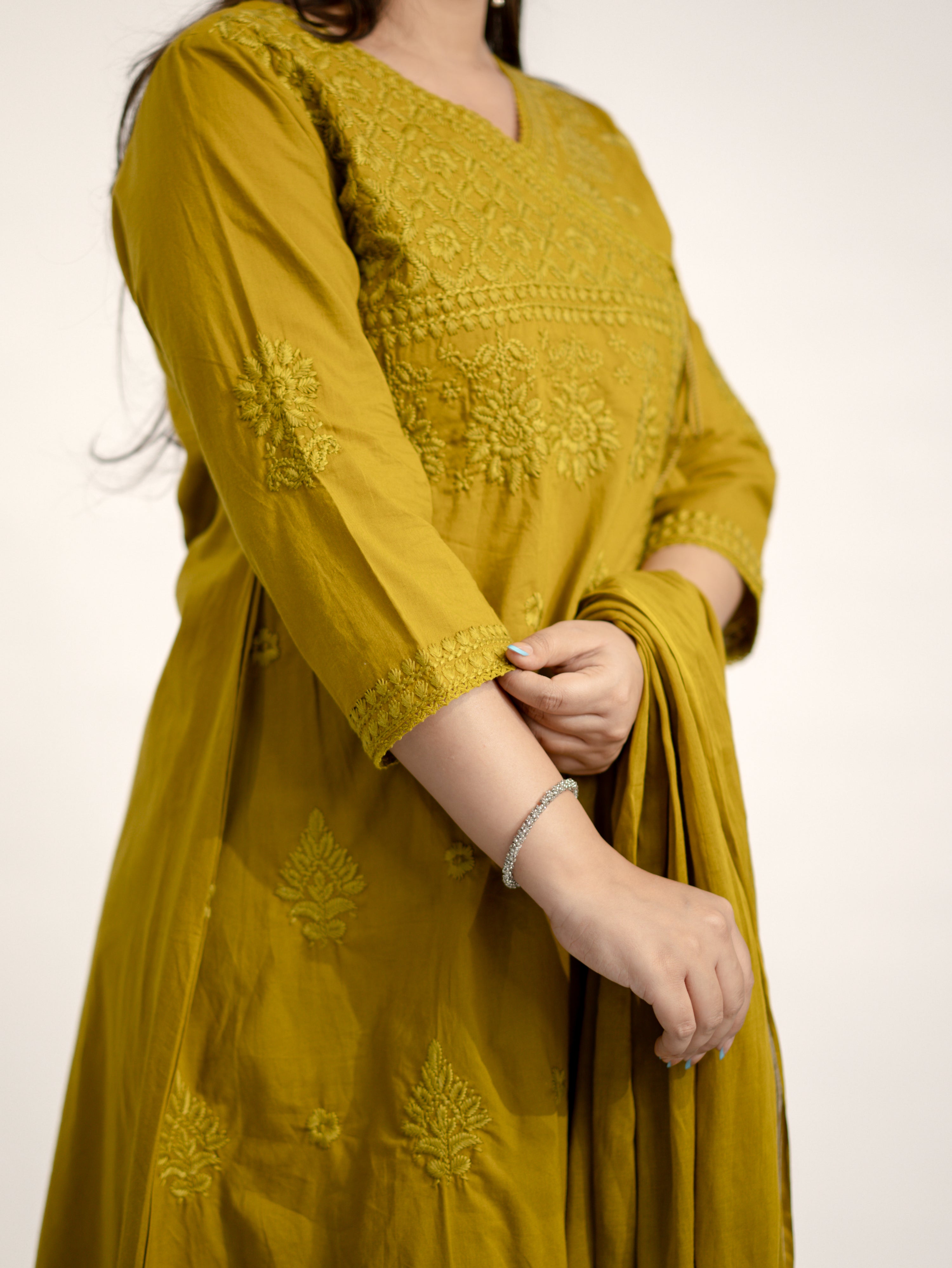 Zinal Mustard Cotton Chikankari Embroidered Angrakha Dupatta Set