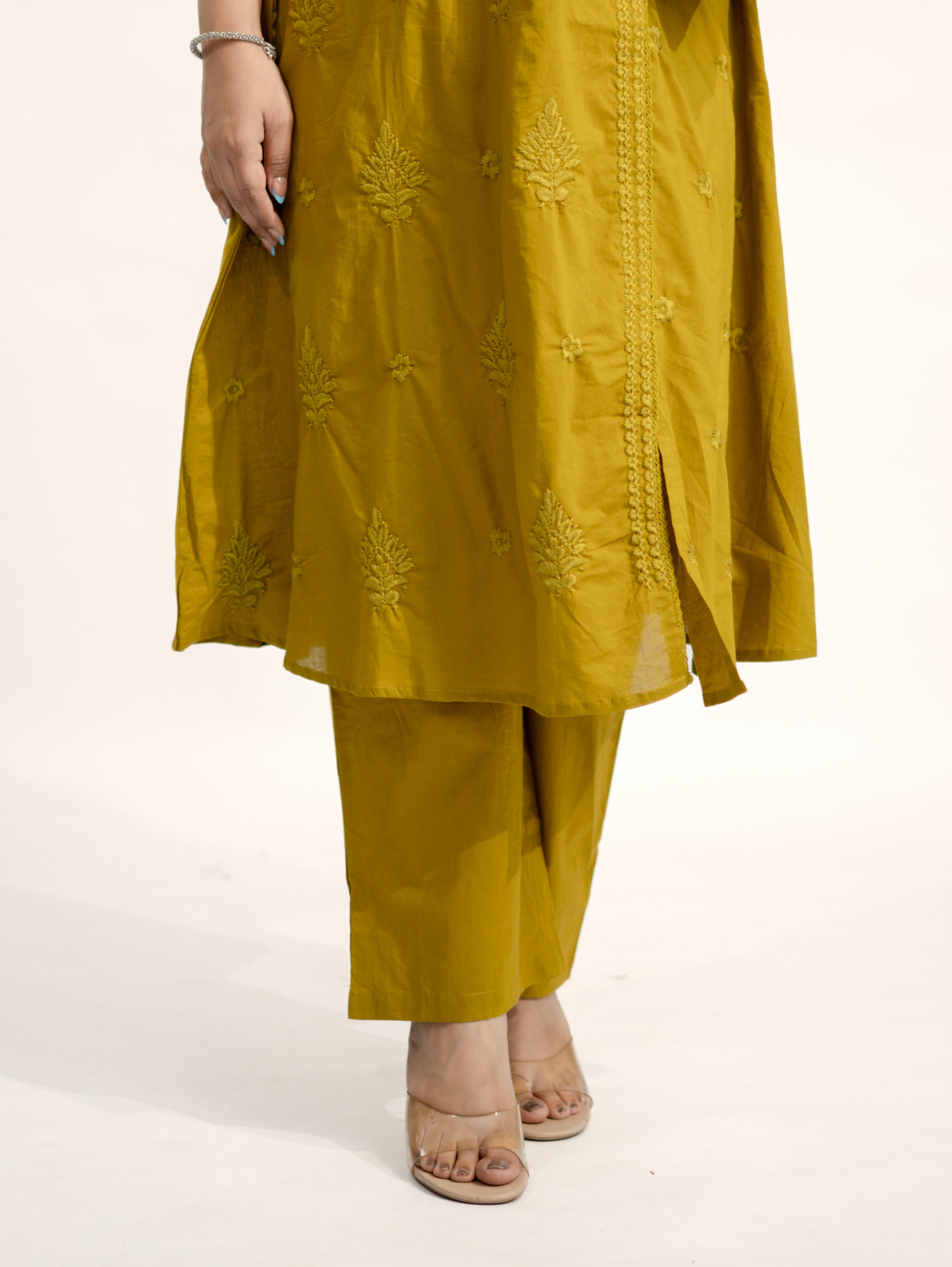 Zinal Mustard Cotton Chikankari Embroidered Angrakha Dupatta Set