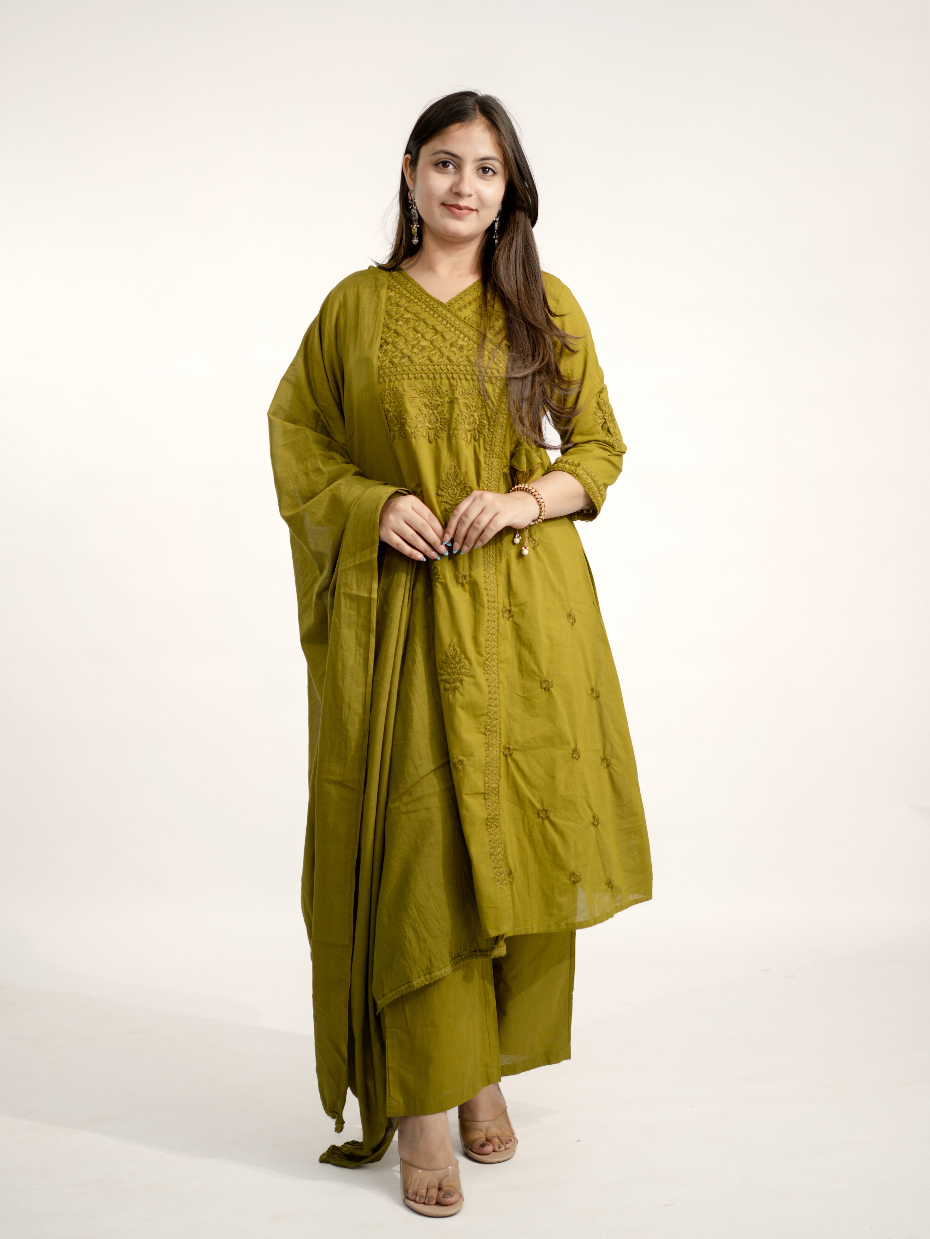 Zinal Green Cotton Chikankari Embroidered Angrakha Dupatta Set