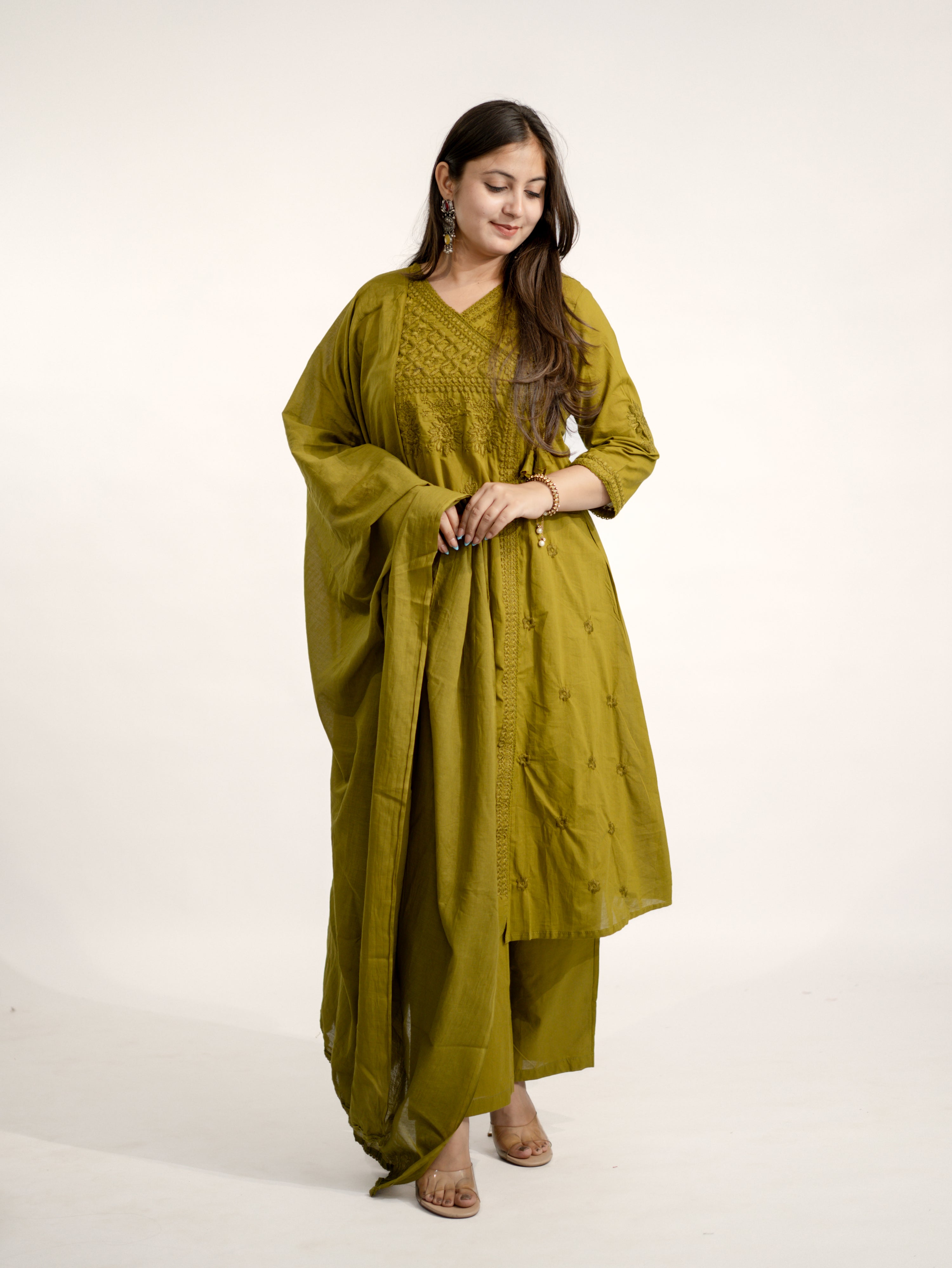 Zinal Green Cotton Chikankari Embroidered Angrakha Dupatta Set