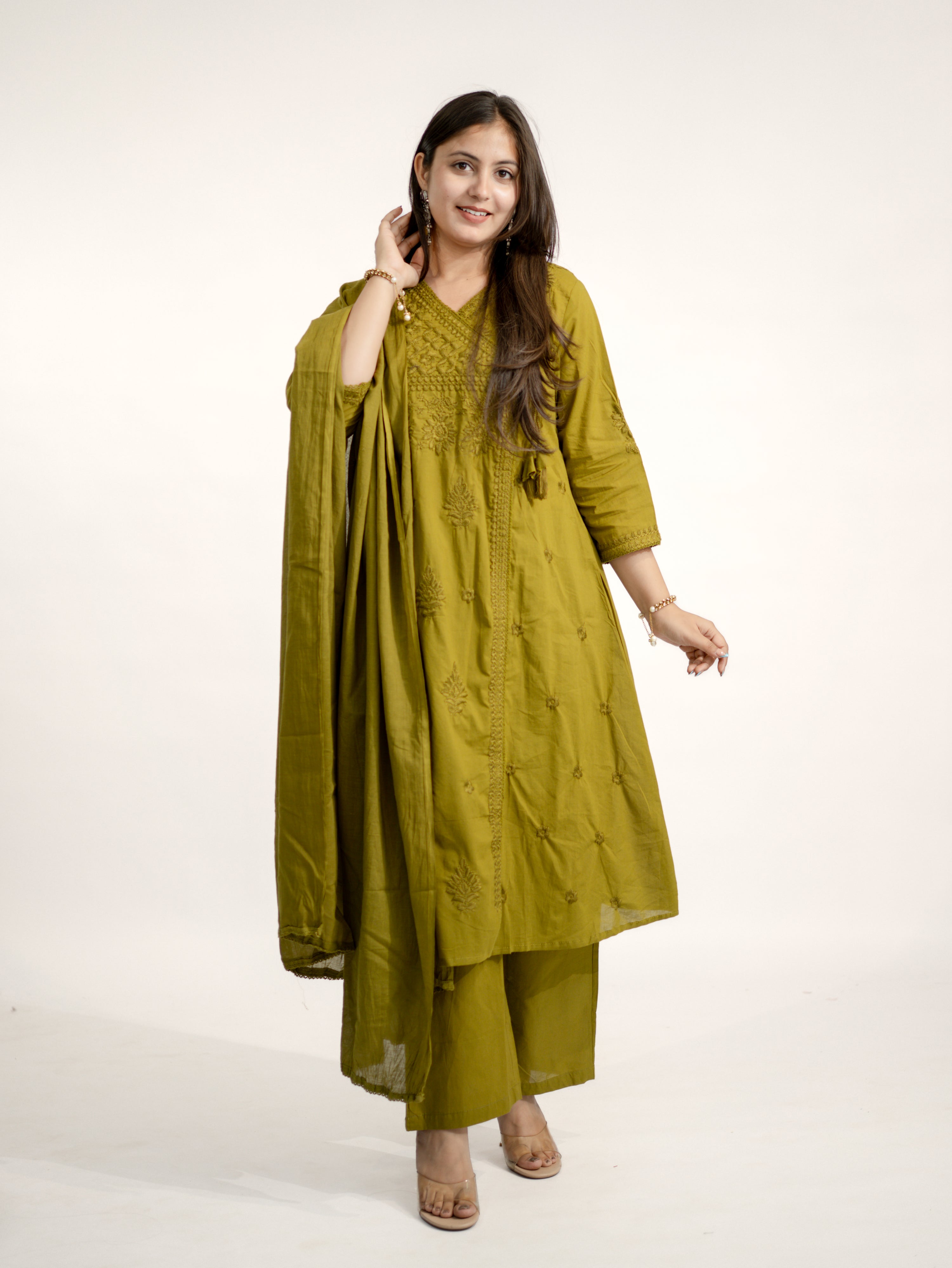 Zinal Green Cotton Chikankari Embroidered Angrakha Dupatta Set