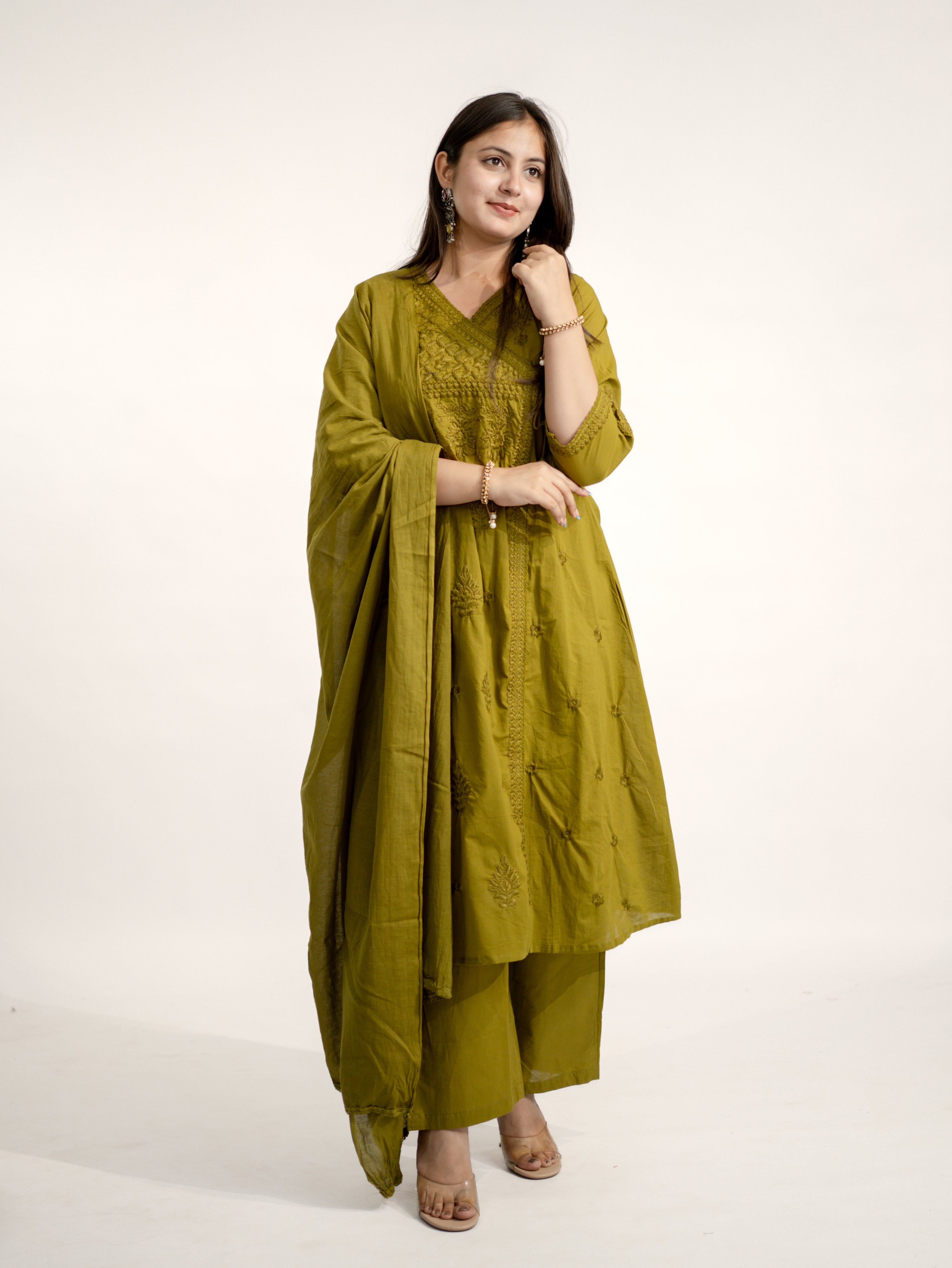 Zinal Green Cotton Chikankari Embroidered Angrakha Dupatta Set
