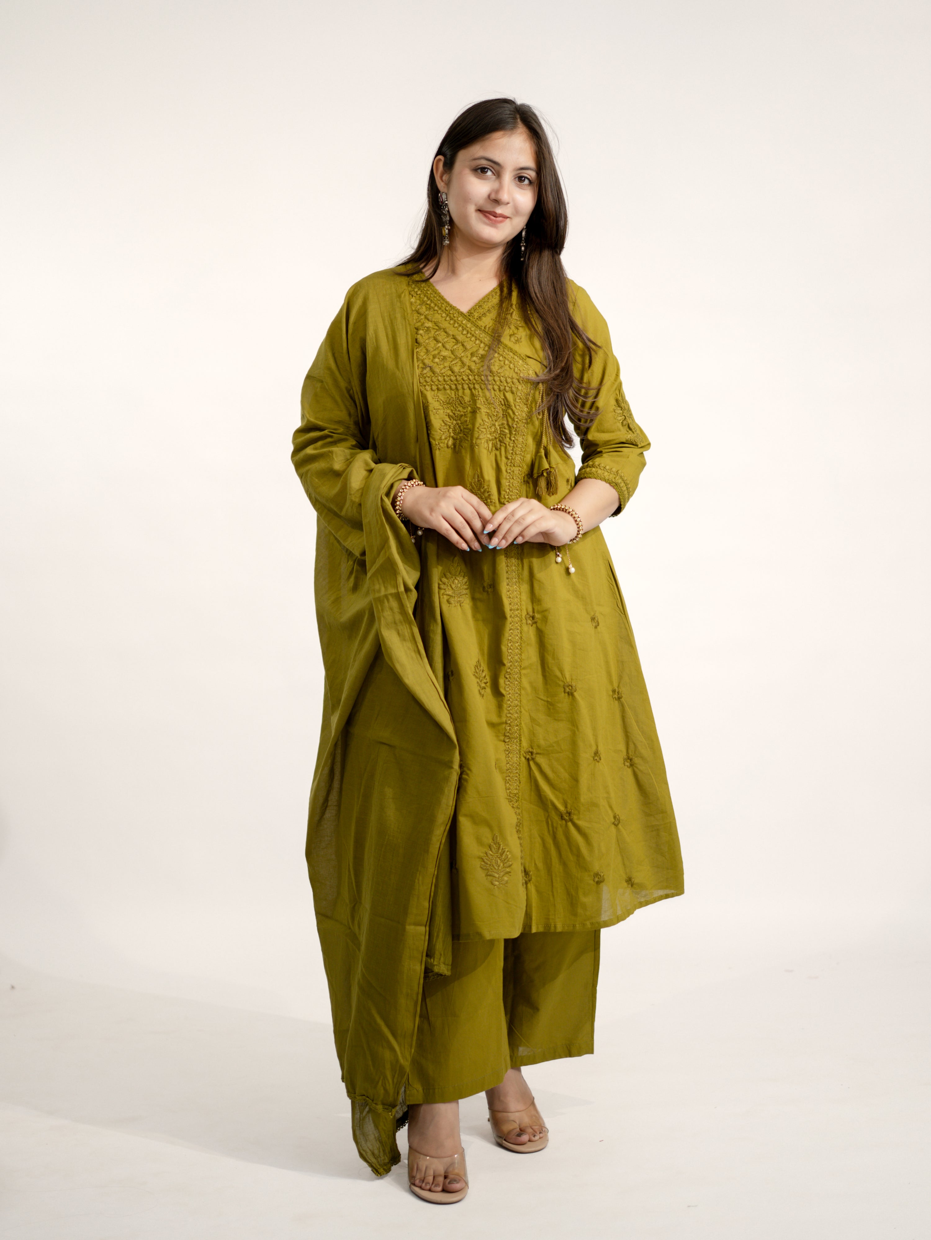 Zinal Green Cotton Chikankari Embroidered Angrakha Dupatta Set