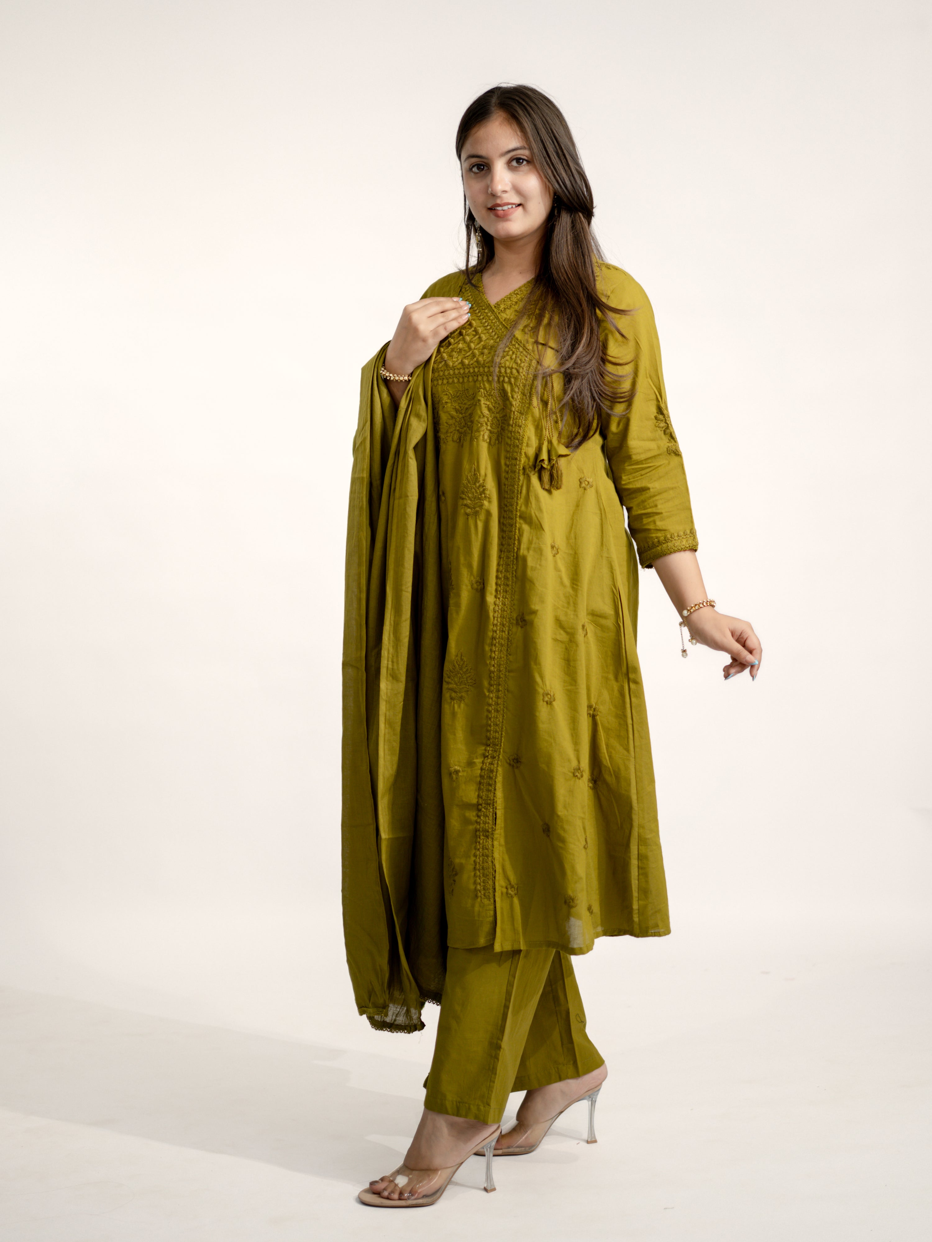 Zinal Green Cotton Chikankari Embroidered Angrakha Dupatta Set
