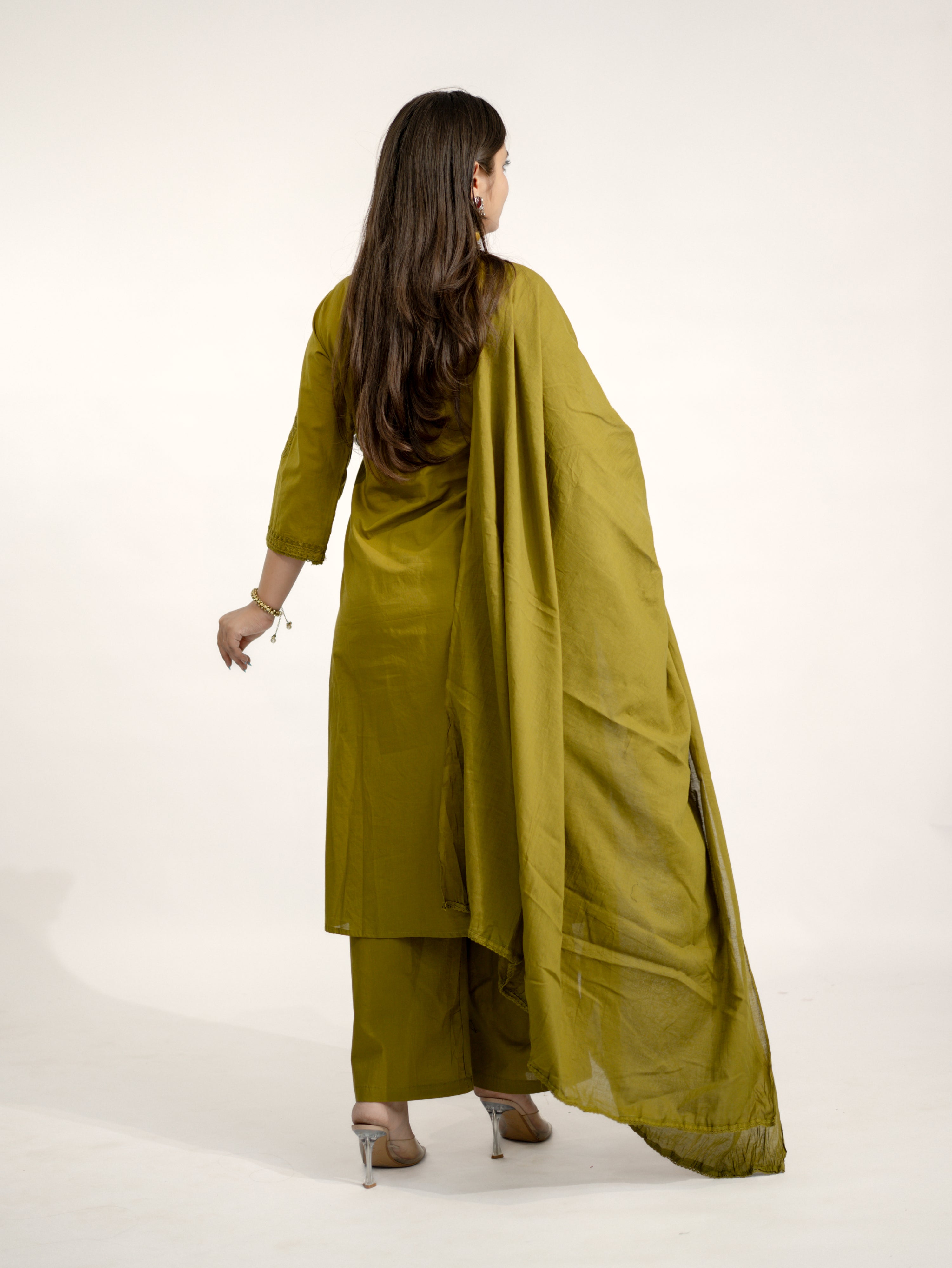 Zinal Green Cotton Chikankari Embroidered Angrakha Dupatta Set