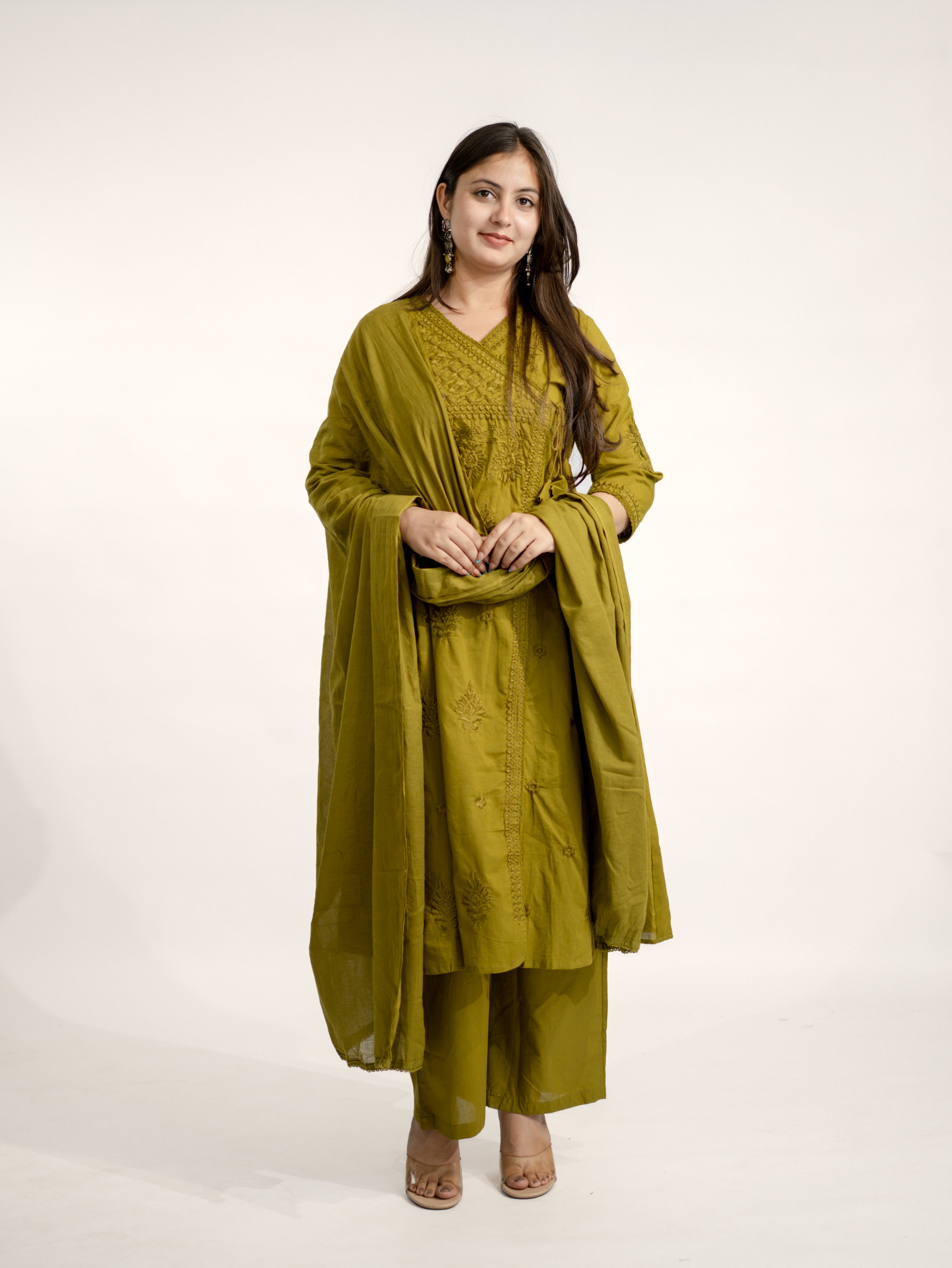 Zinal Green Cotton Chikankari Embroidered Angrakha Dupatta Set