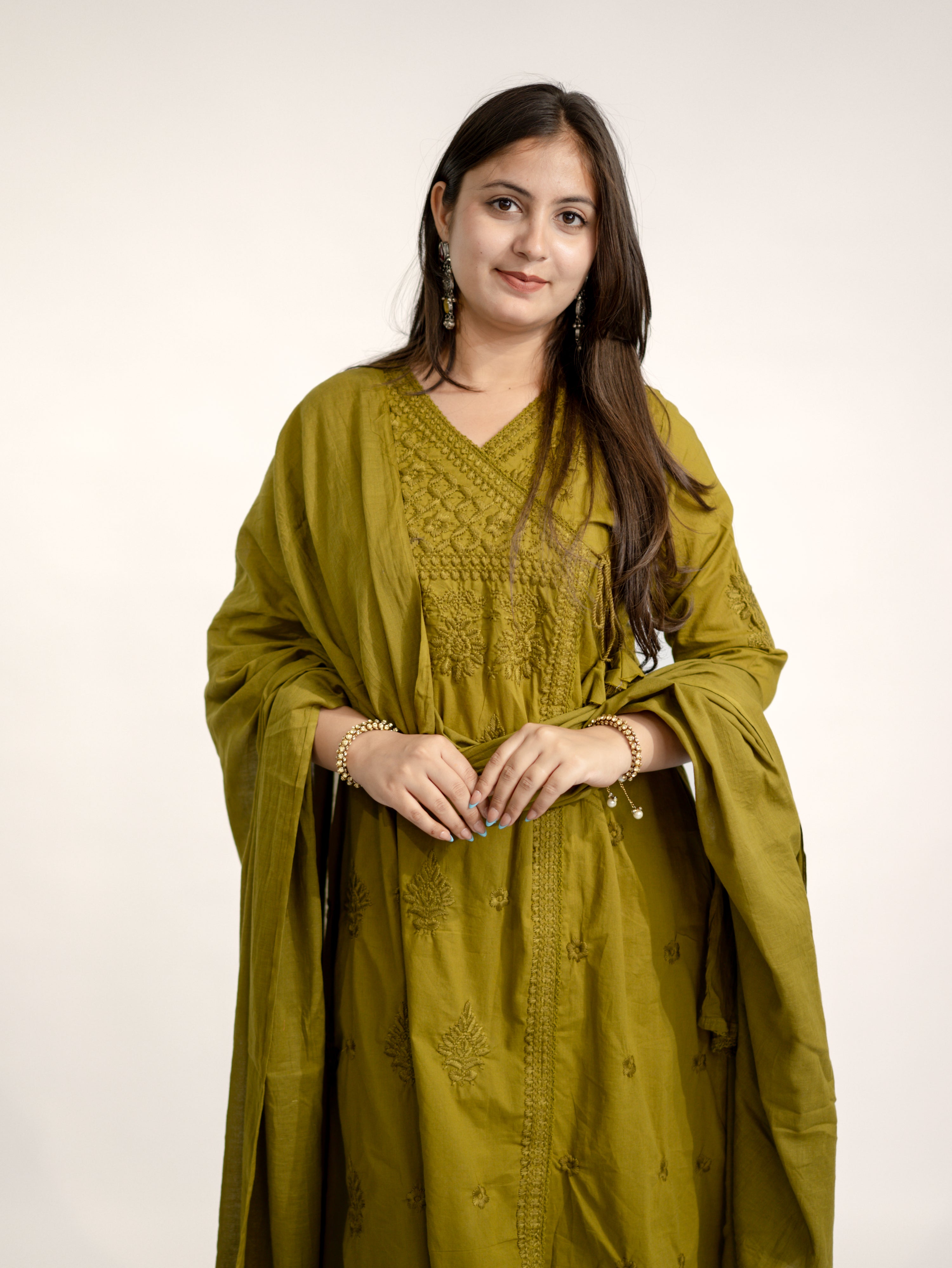 Zinal Green Cotton Chikankari Embroidered Angrakha Dupatta Set