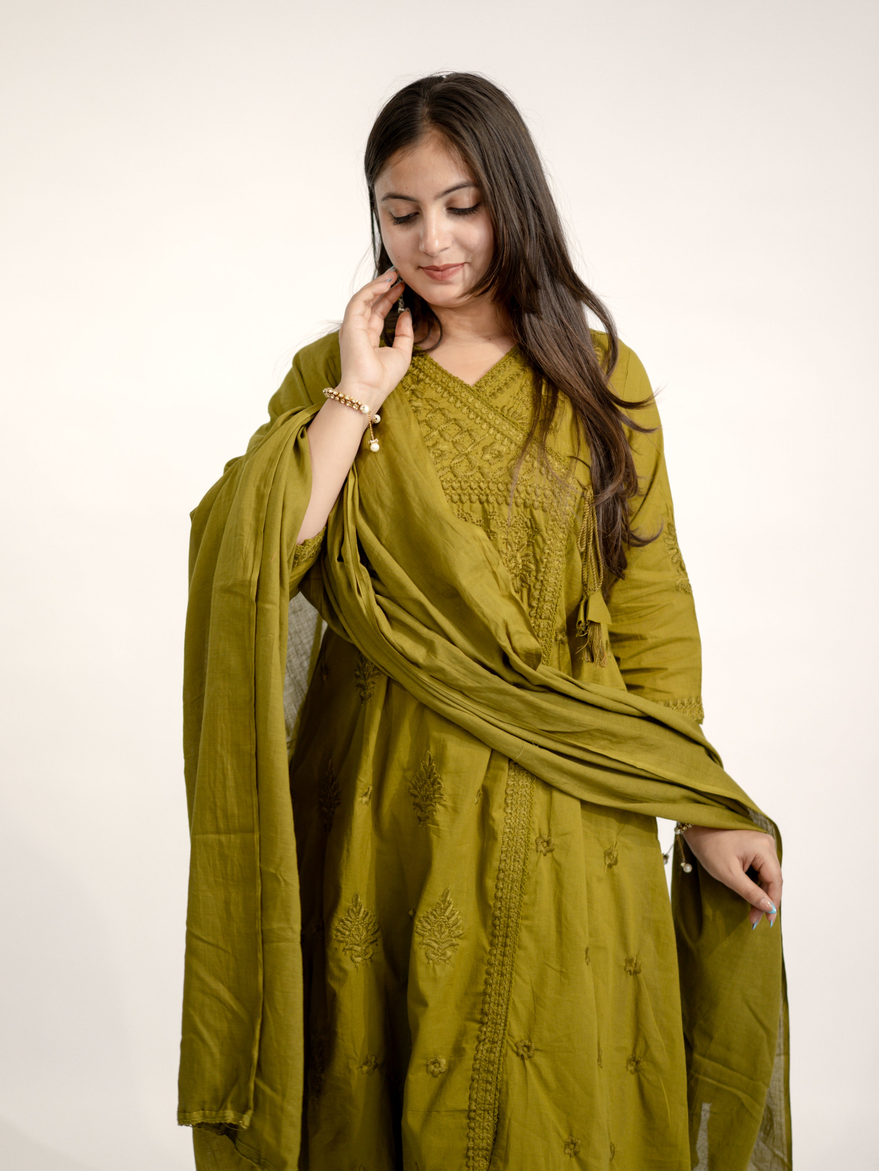Zinal Green Cotton Chikankari Embroidered Angrakha Dupatta Set