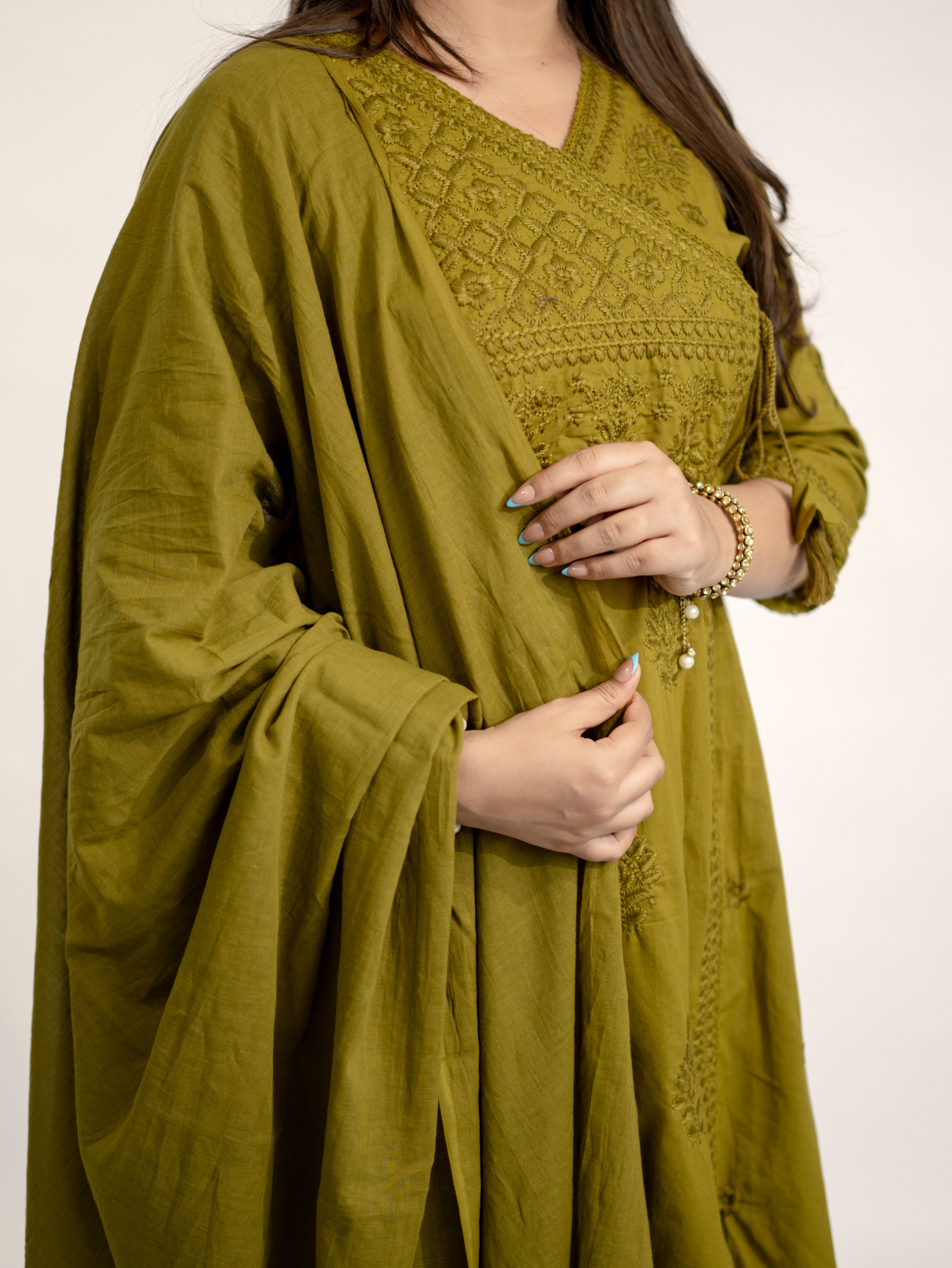 Zinal Green Cotton Chikankari Embroidered Angrakha Dupatta Set