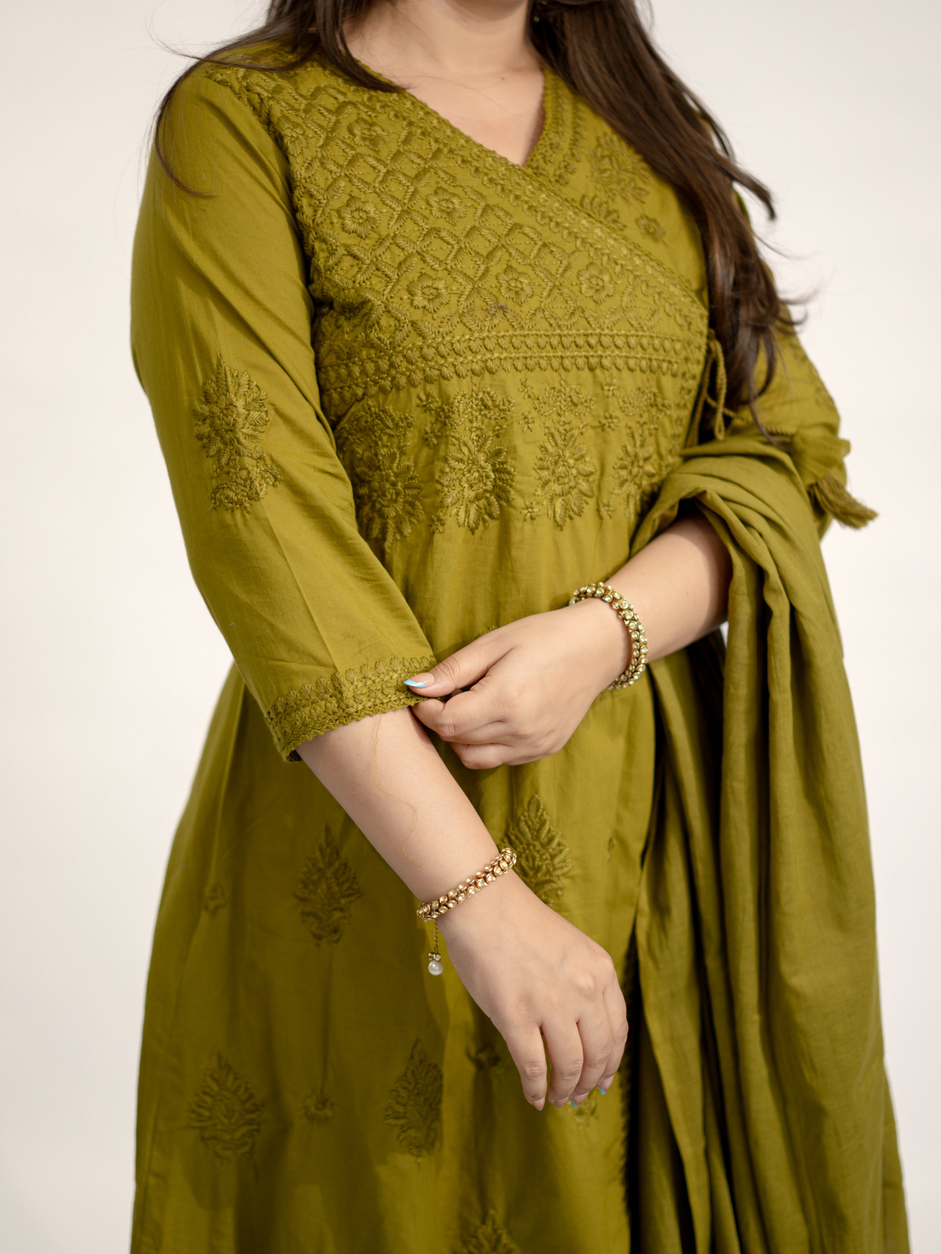 Zinal Green Cotton Chikankari Embroidered Angrakha Dupatta Set