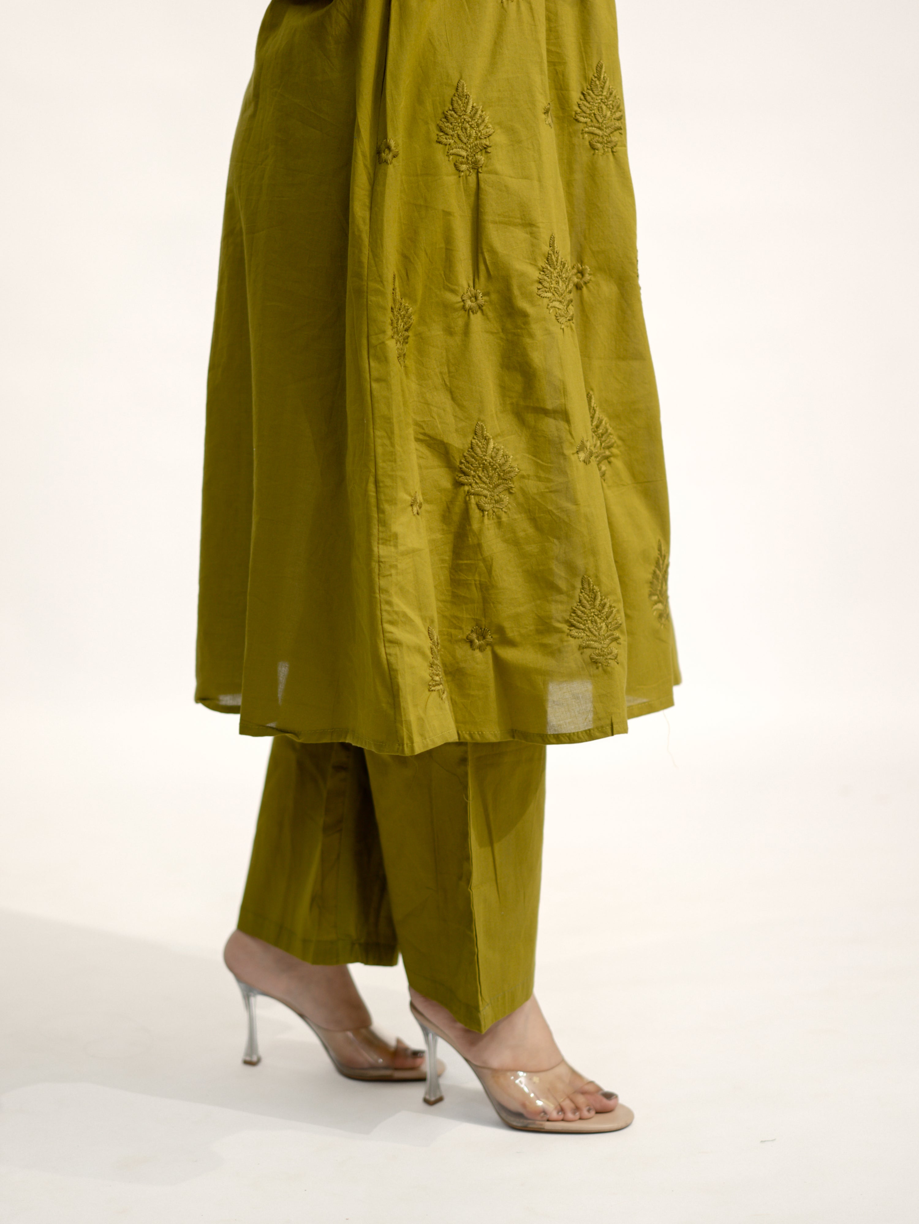 Zinal Green Cotton Chikankari Embroidered Angrakha Dupatta Set