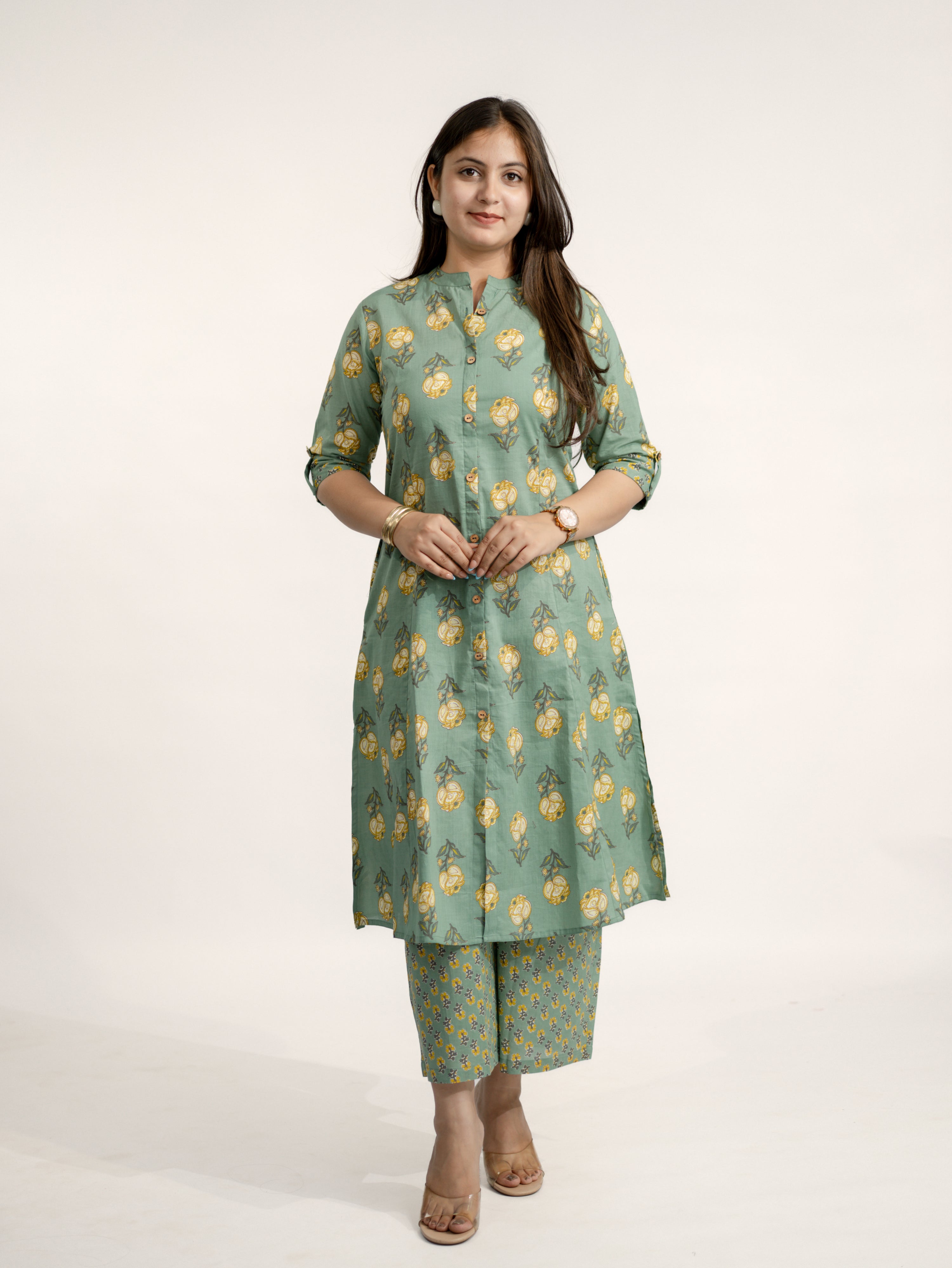 Anika Green Floral A-line Cotton Kurta Set