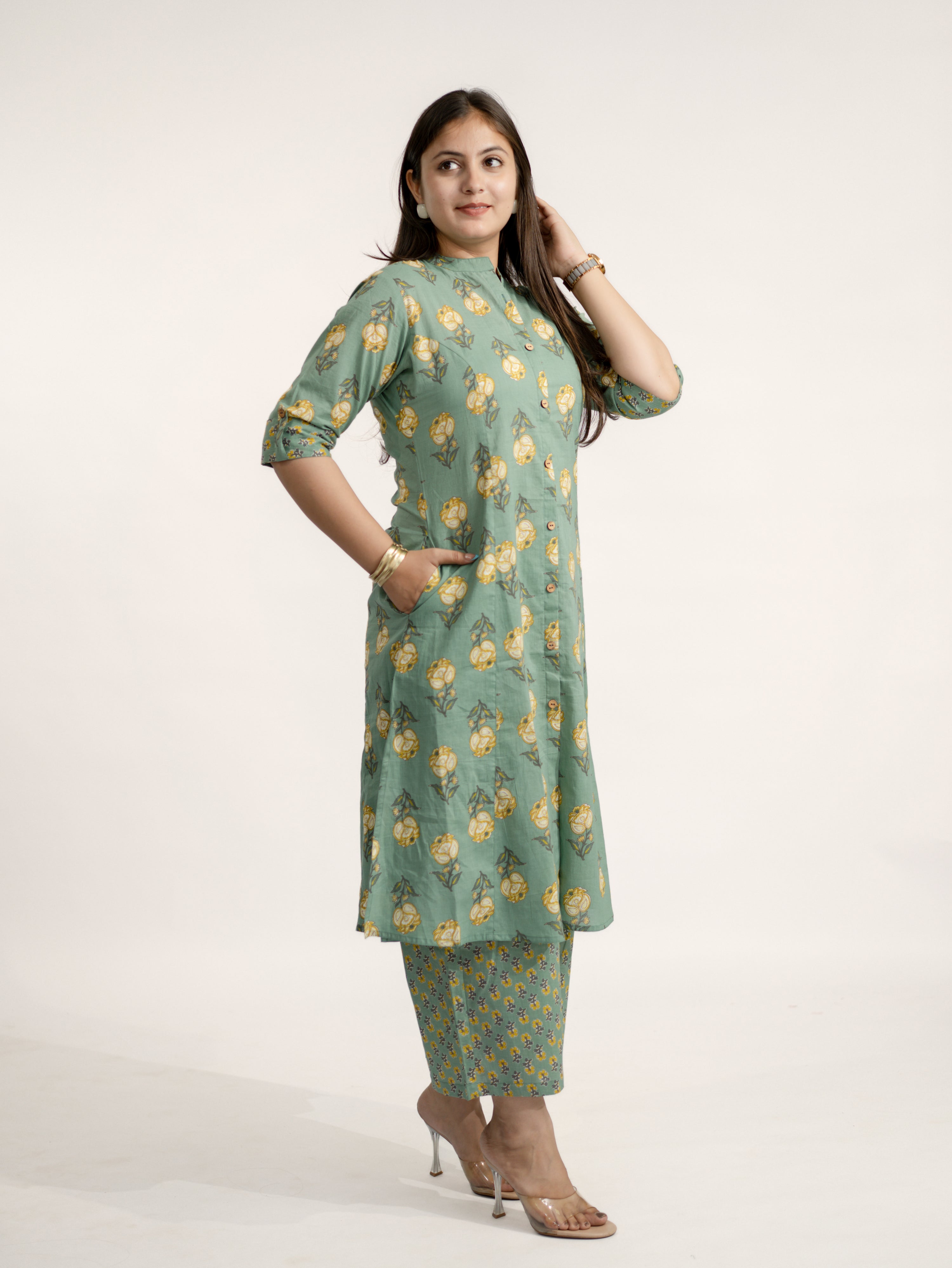 Anika Green Floral A-line Cotton Kurta Set
