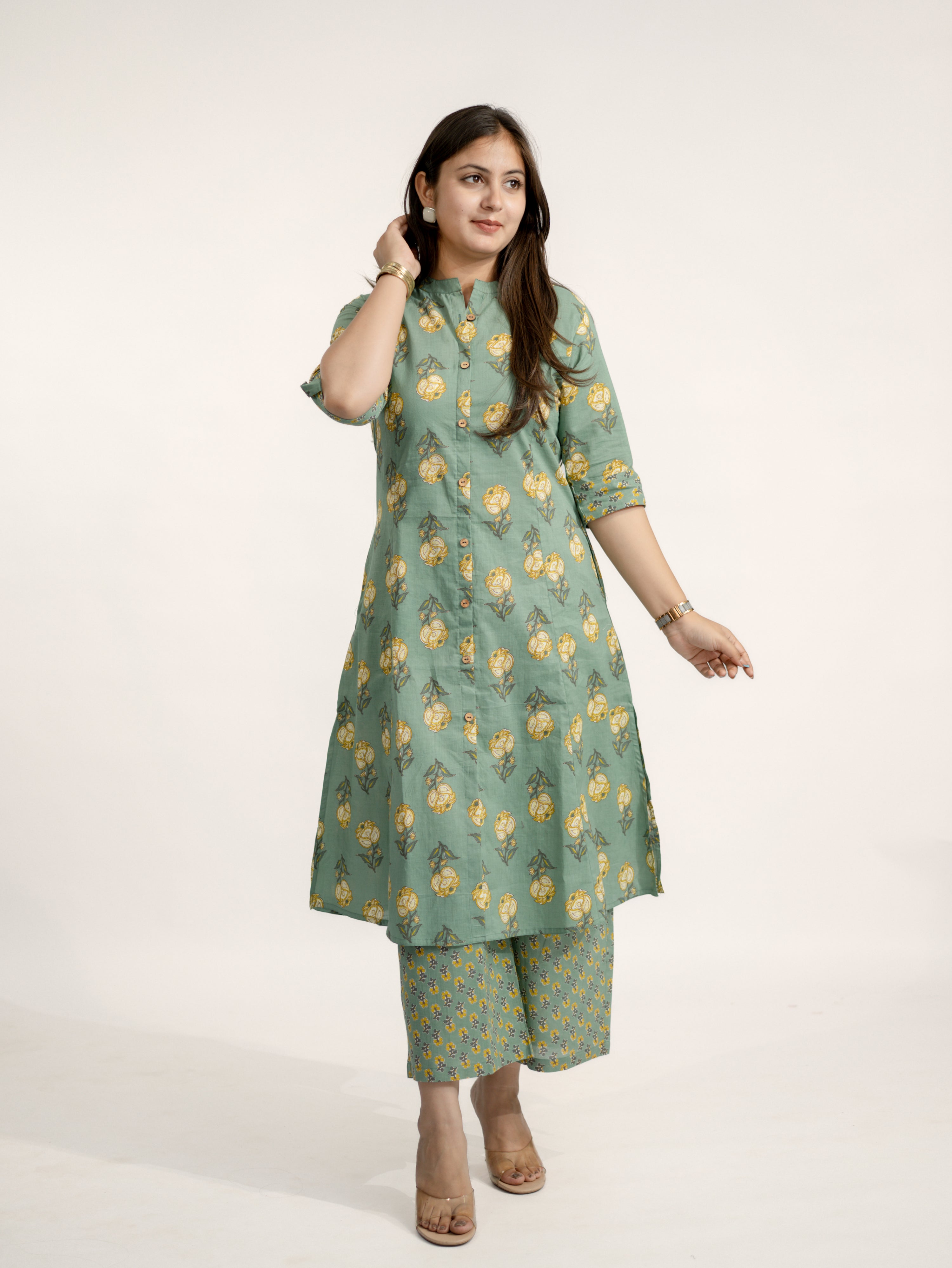 Anika Green Floral A-line Cotton Kurta Set
