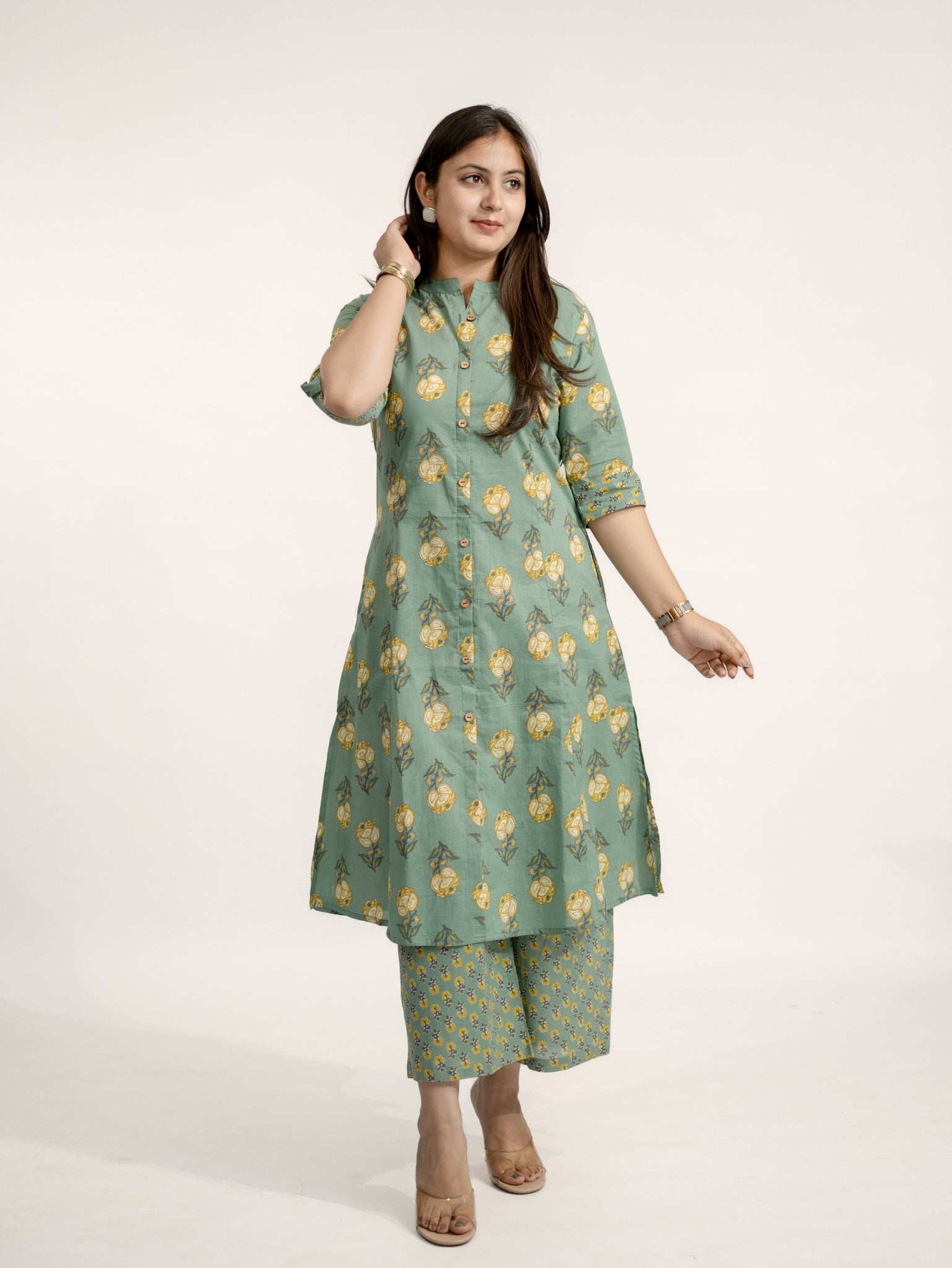 Green kurtas paired with white, pink and beige bottoms