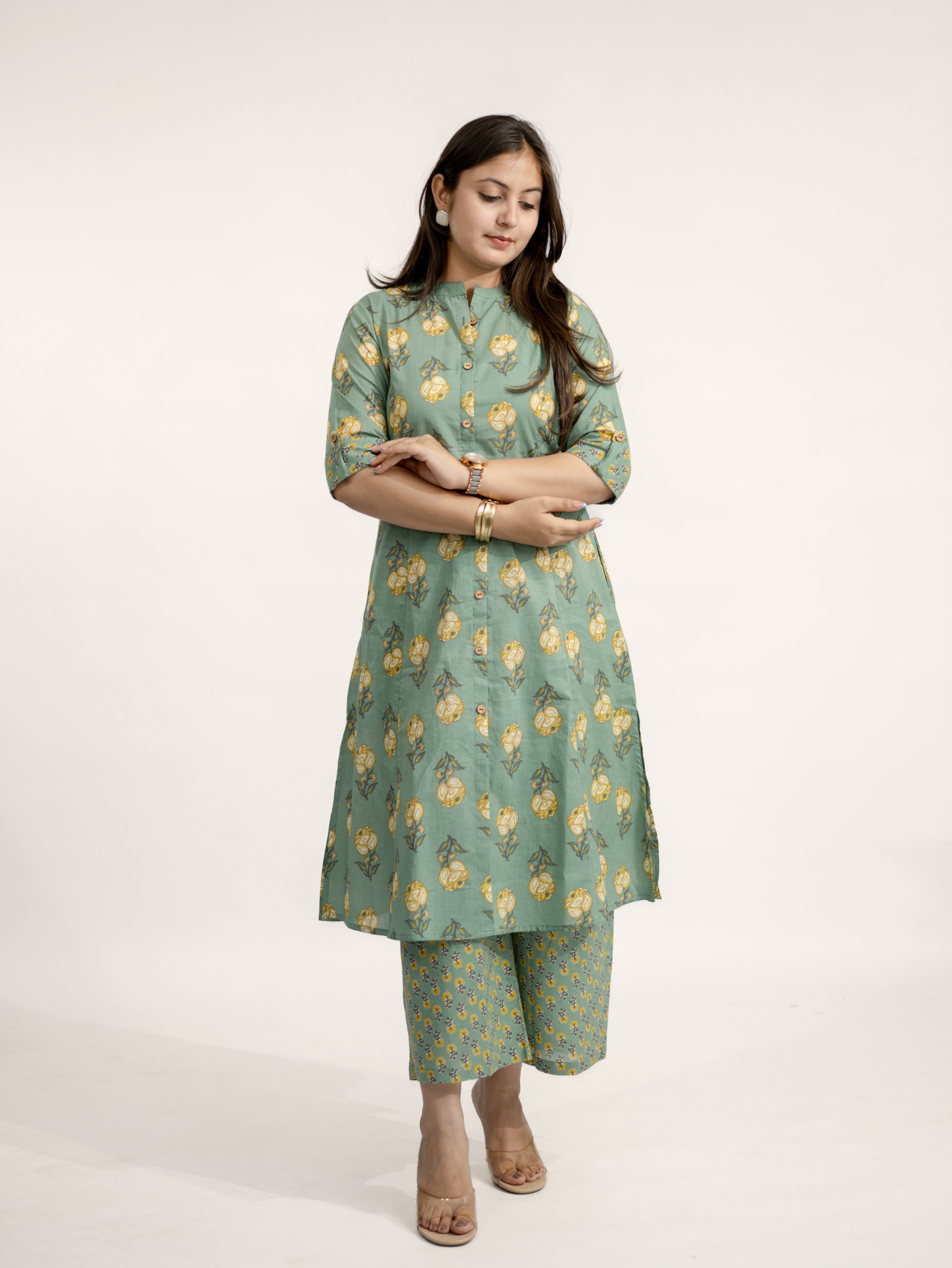 Anika Green Floral A-line Cotton Kurta Set