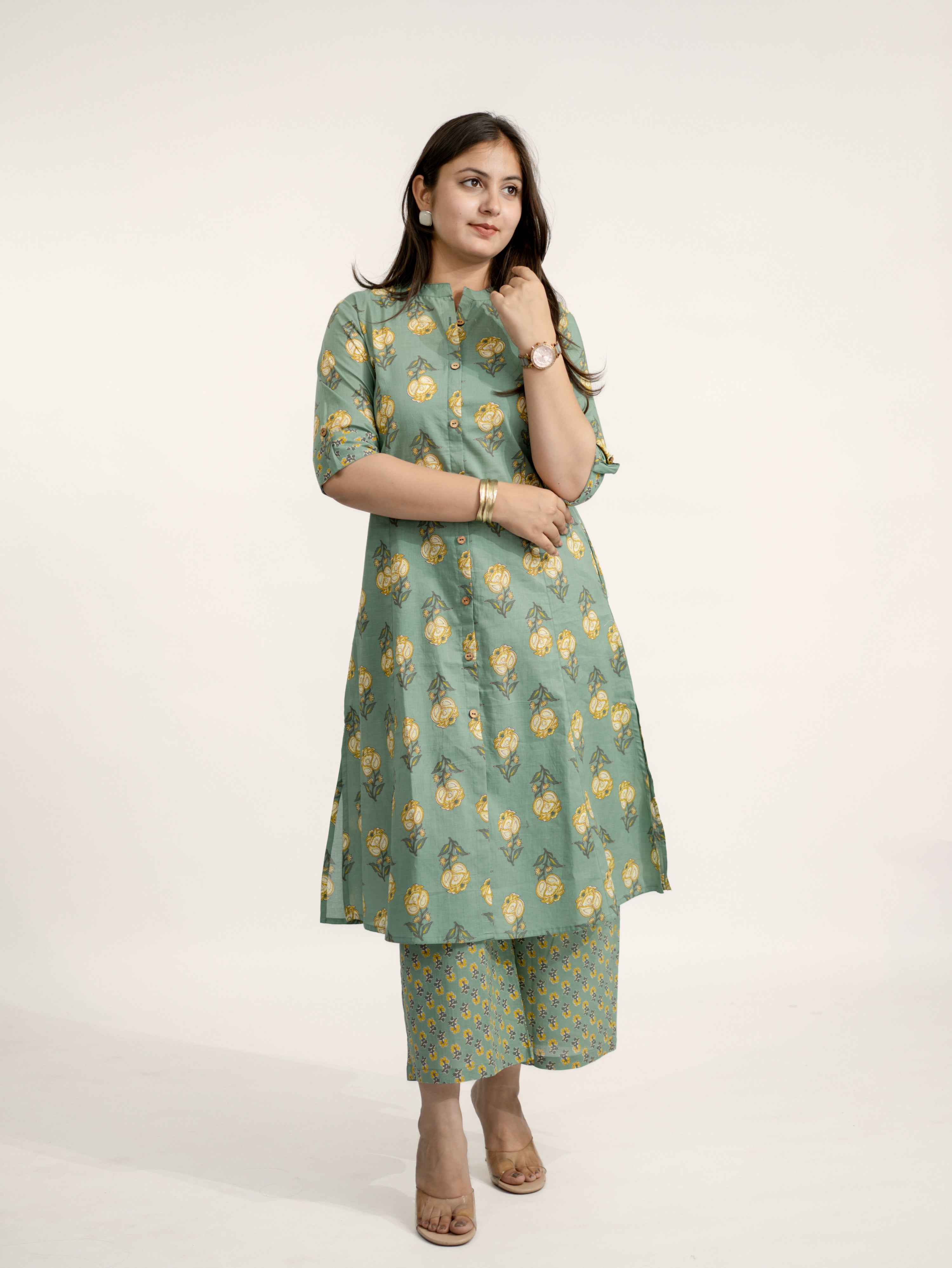 Anika Green Floral A-line Cotton Kurta Set