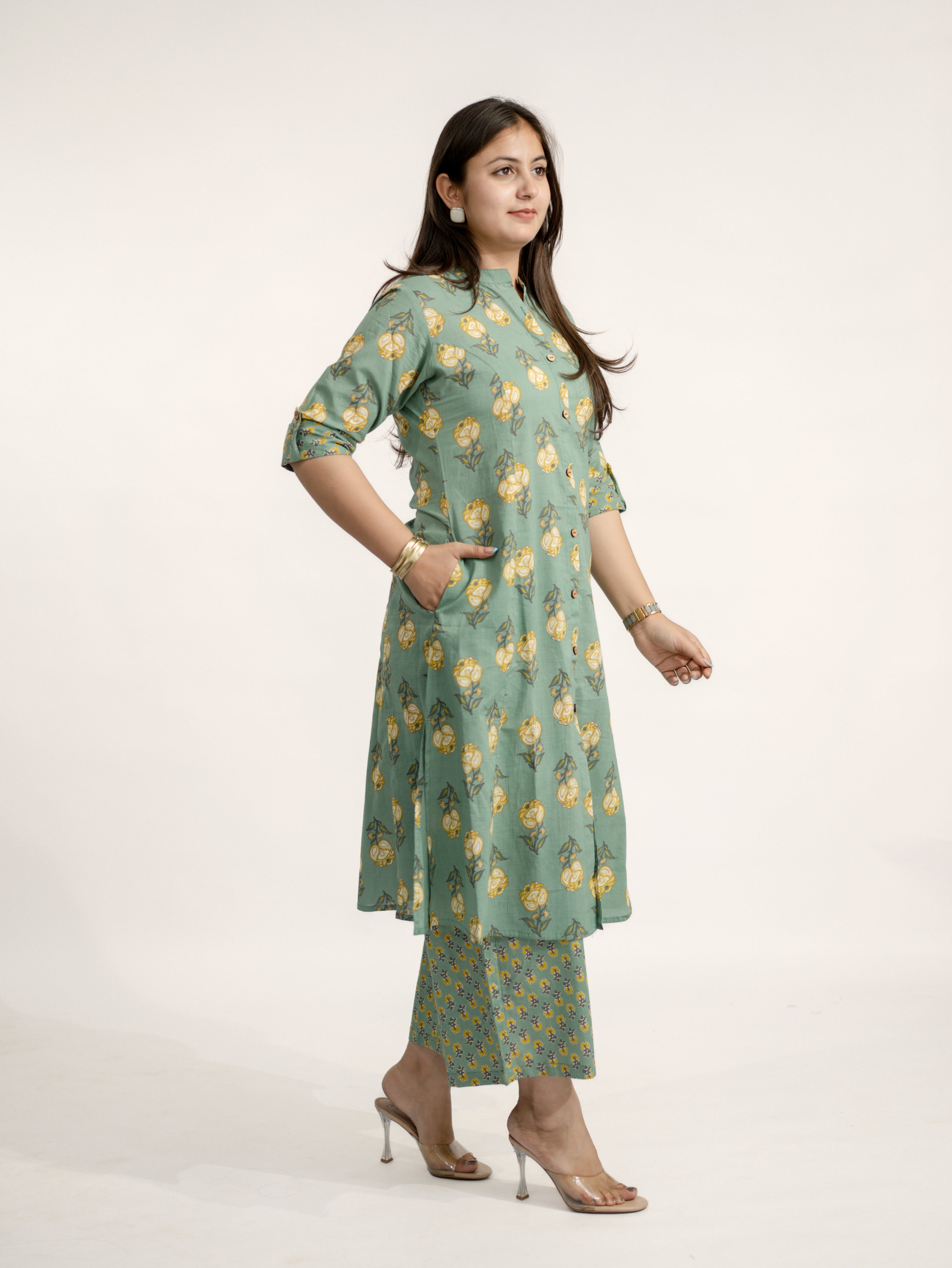 Anika Green Floral A-line Cotton Kurta Set