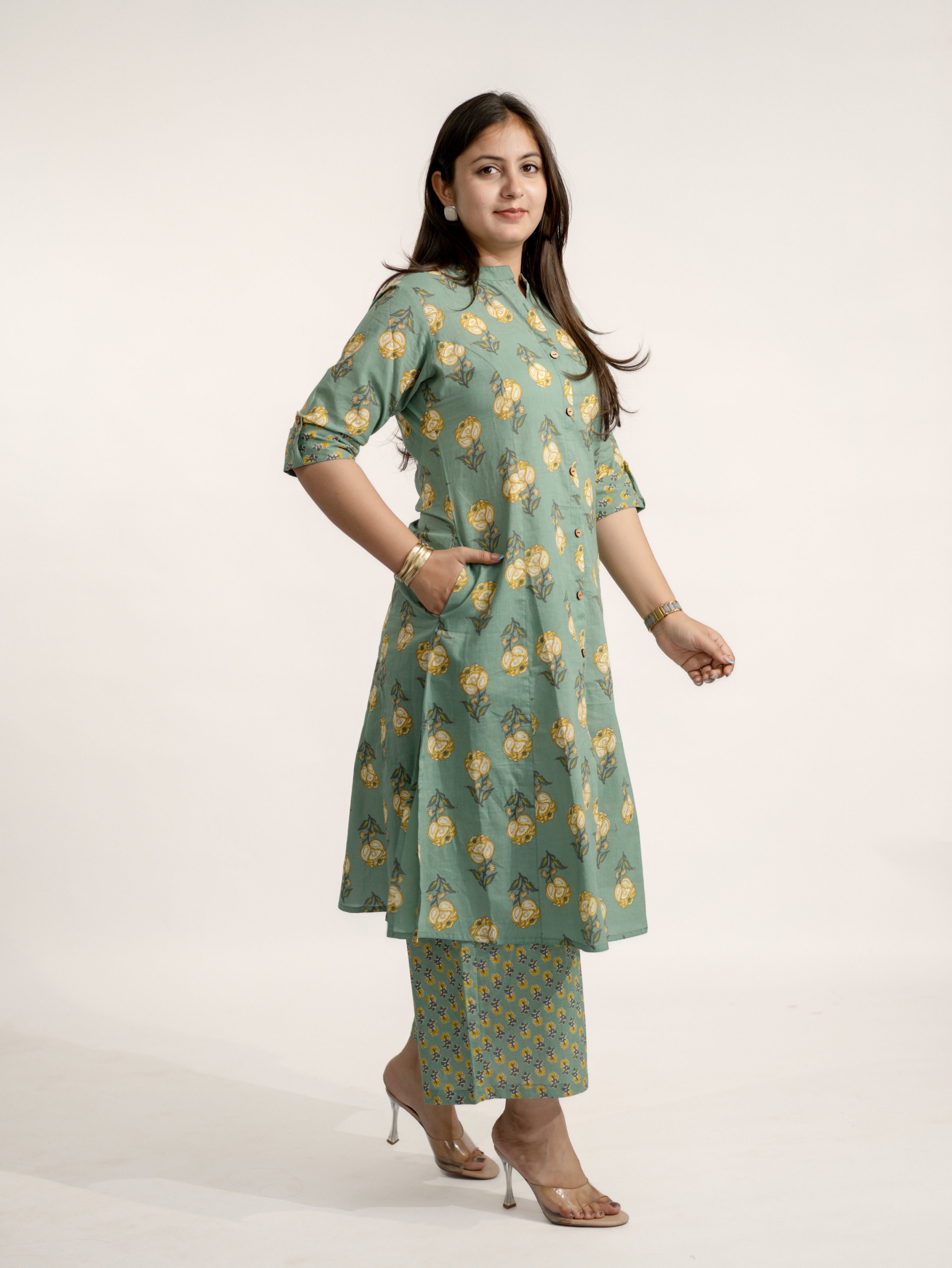 Anika Green Floral A-line Cotton Kurta Set