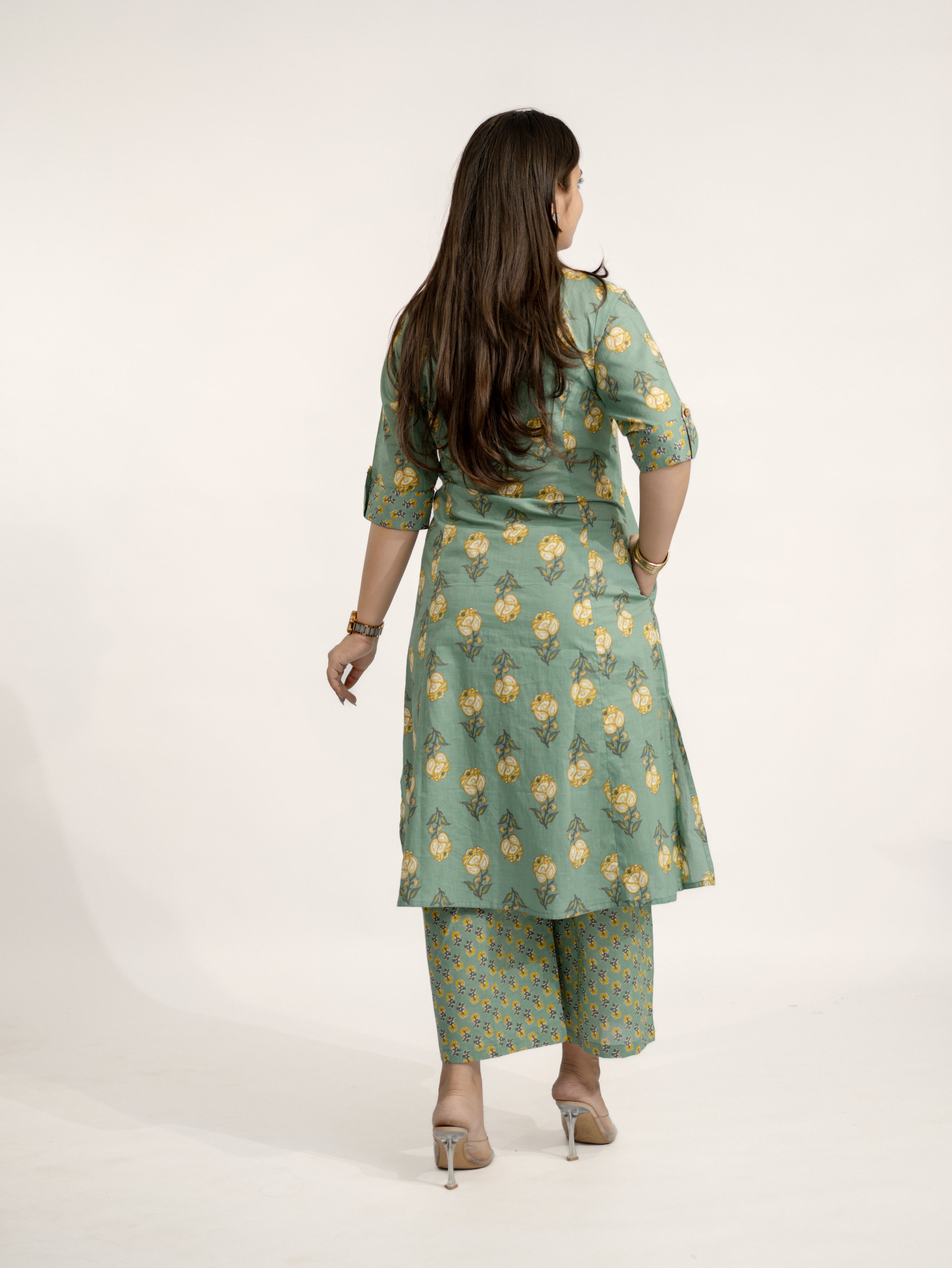 Anika Green Floral A-line Cotton Kurta Set