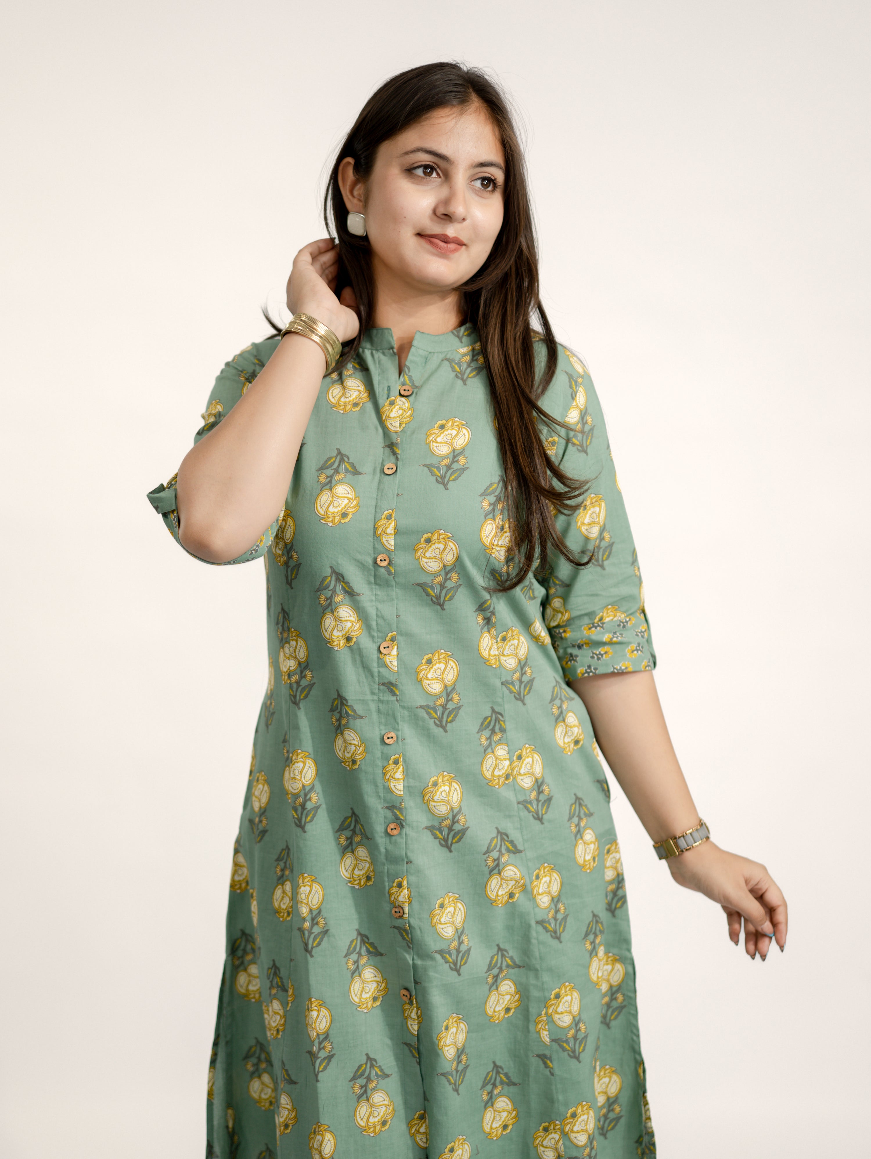 Anika Green Floral A-line Cotton Kurta Set