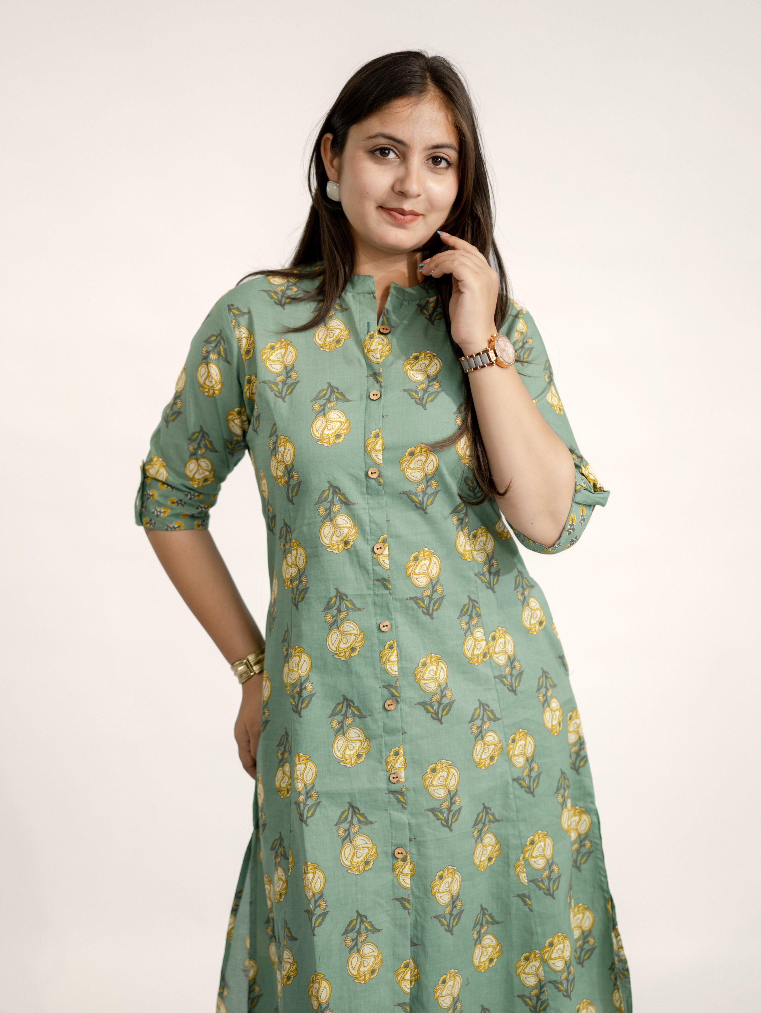 Anika Green Floral A-line Cotton Kurta Set