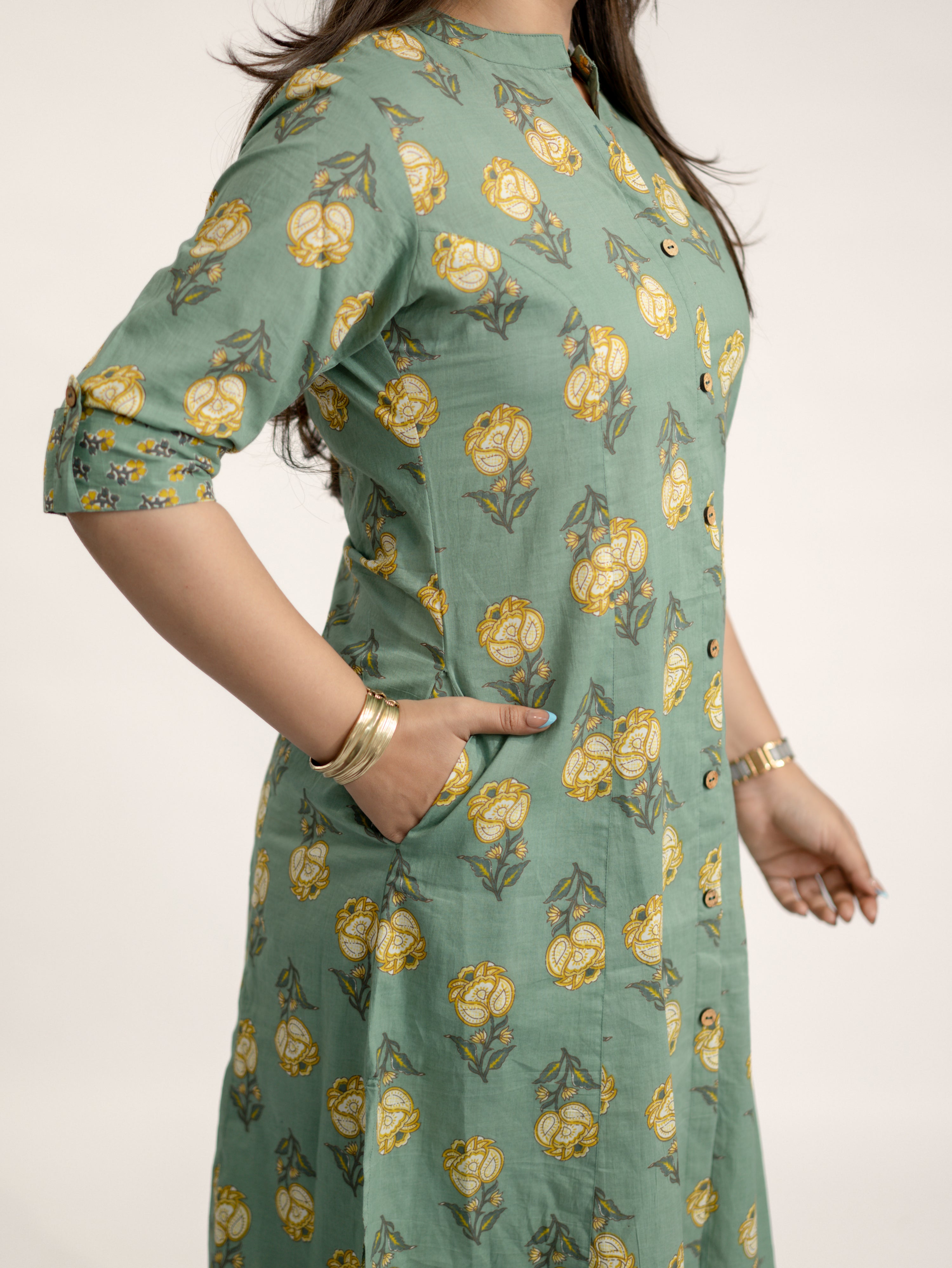 Anika Green Floral A-line Cotton Kurta Set