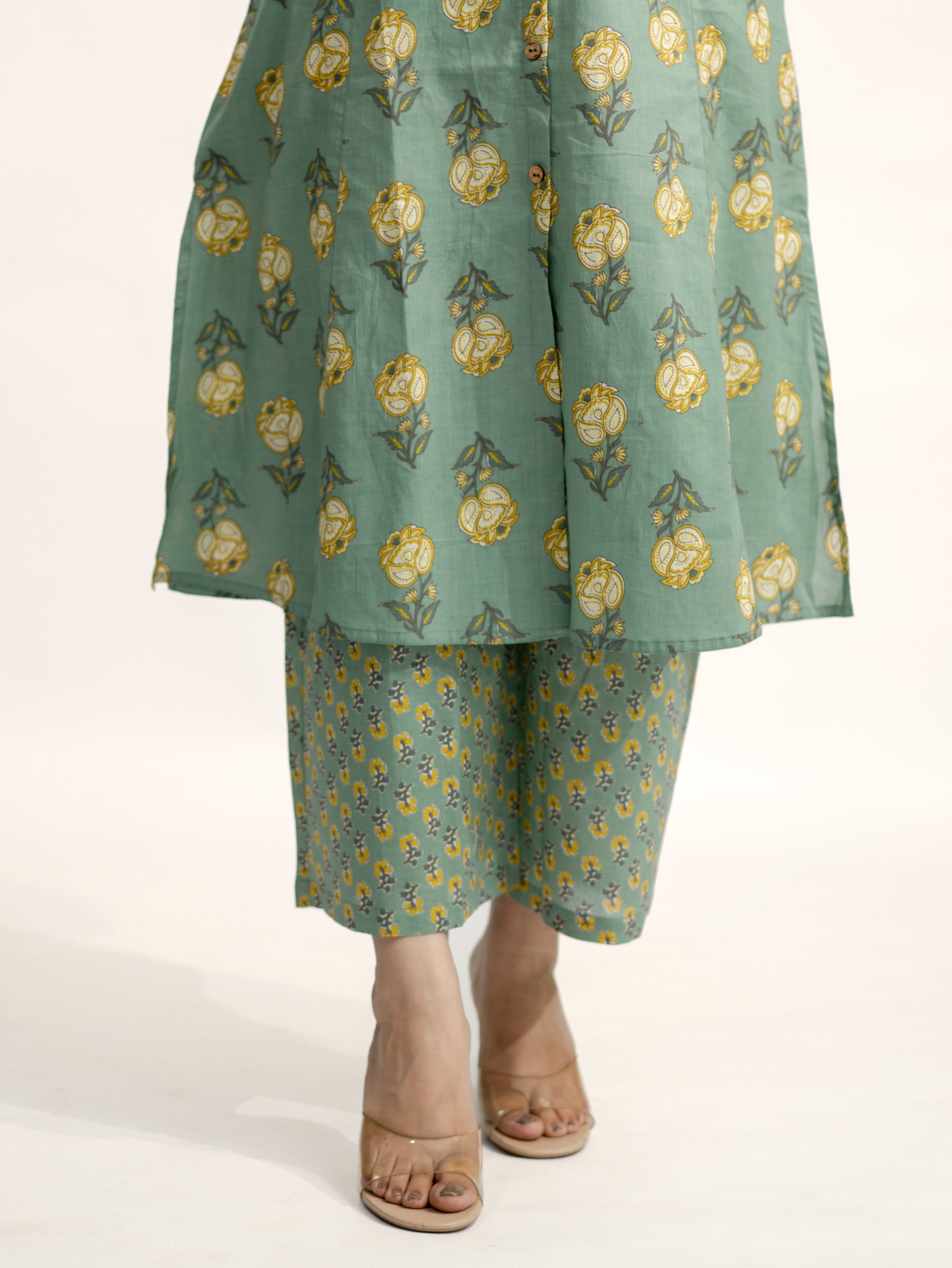 Anika Green Floral A-line Cotton Kurta Set