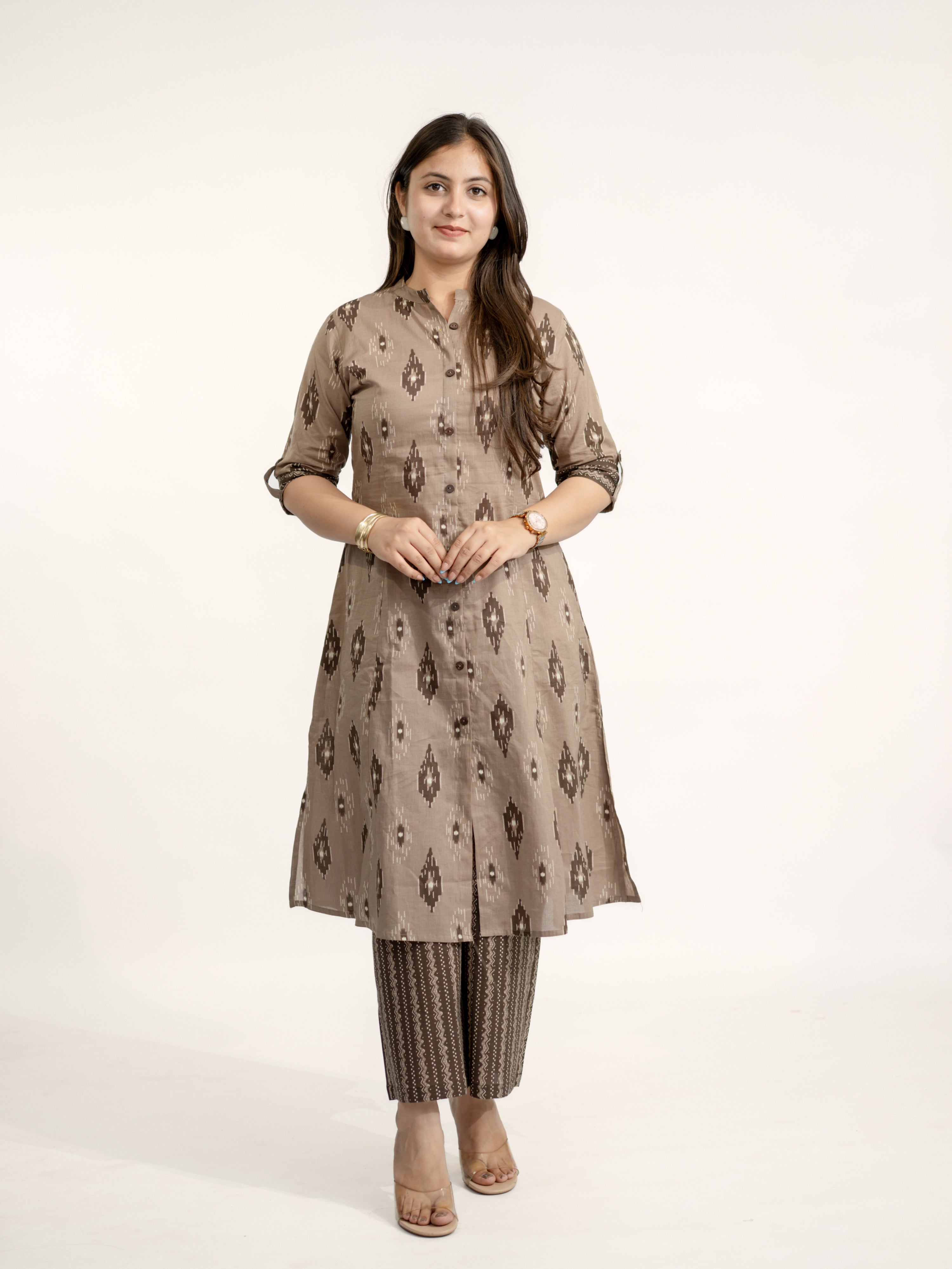 Urvi Brown Ikkat A-line Cotton Kurta Set