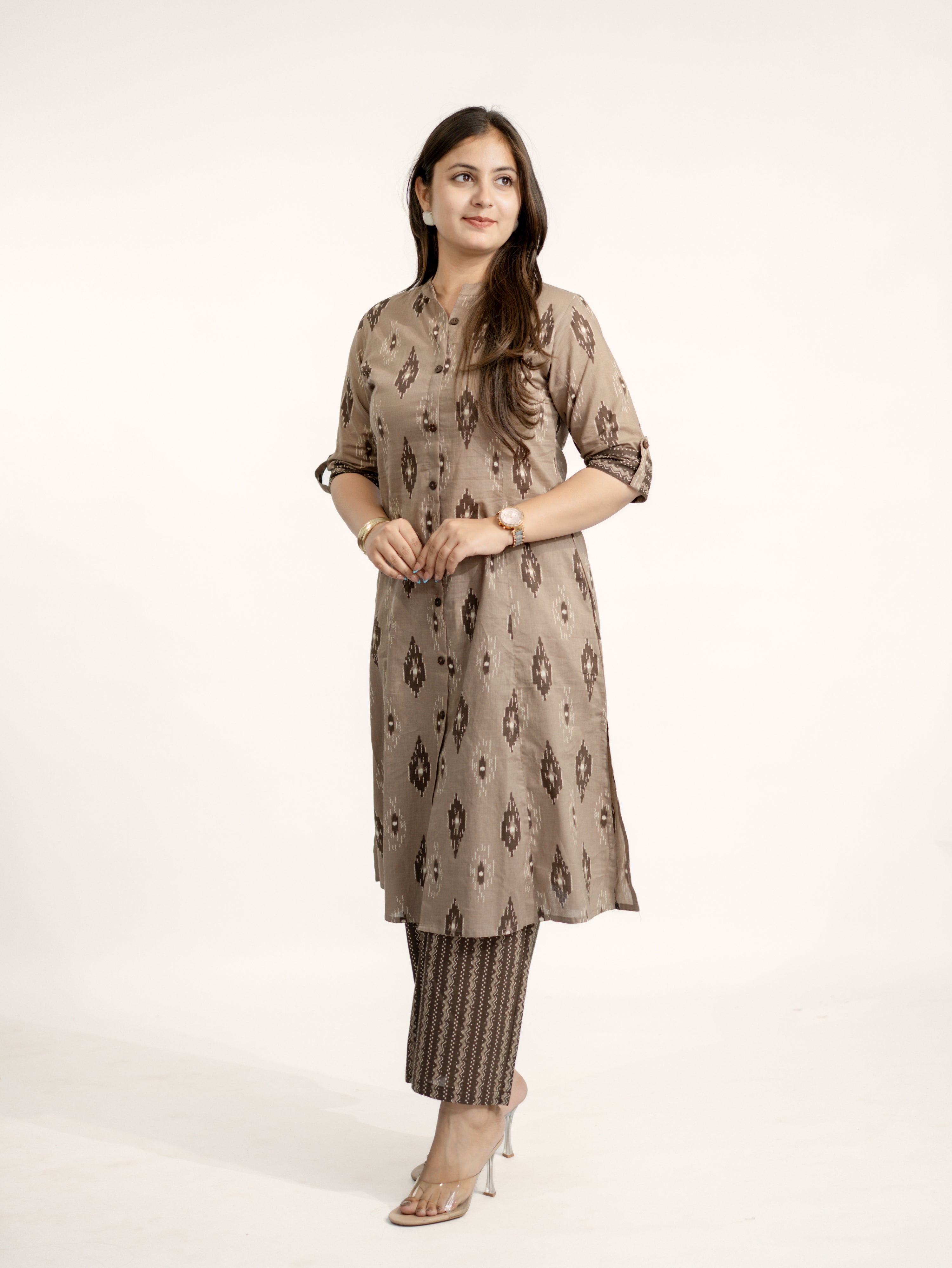Urvi Brown Ikkat A-line Cotton Kurta Set