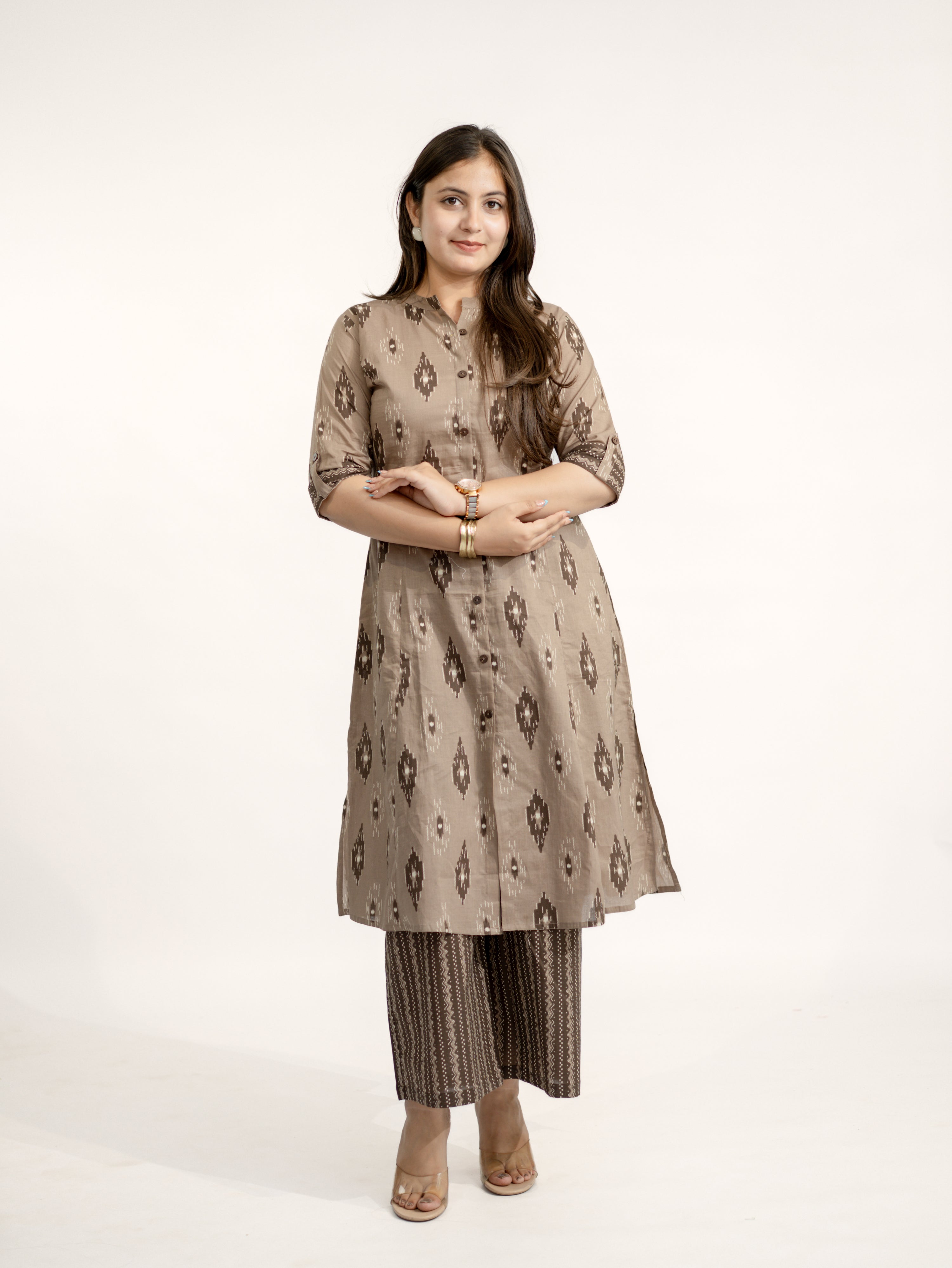 Urvi Brown Ikkat A-line Cotton Kurta Set