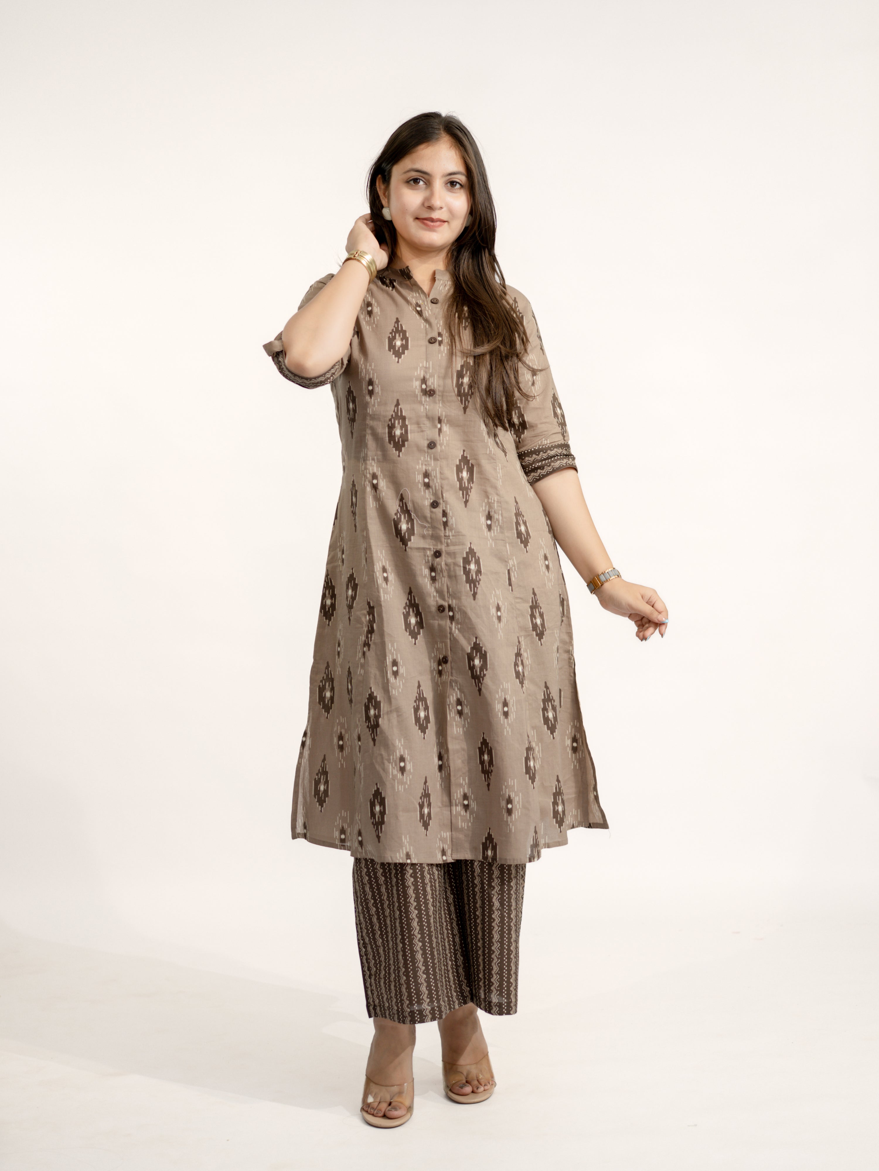 Urvi Brown Ikkat A-line Cotton Kurta Set