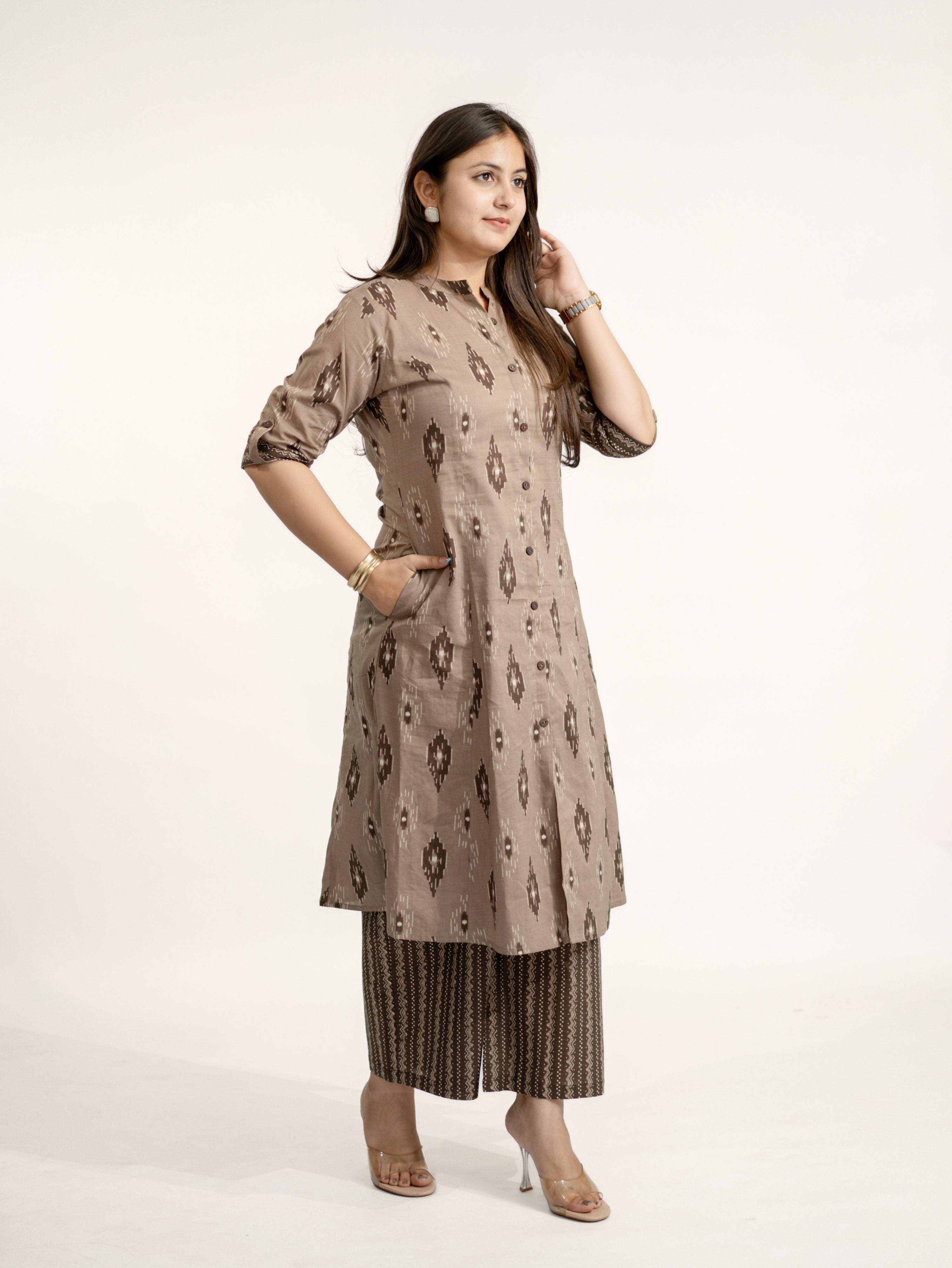 Urvi Brown Ikkat A-line Cotton Kurta Set