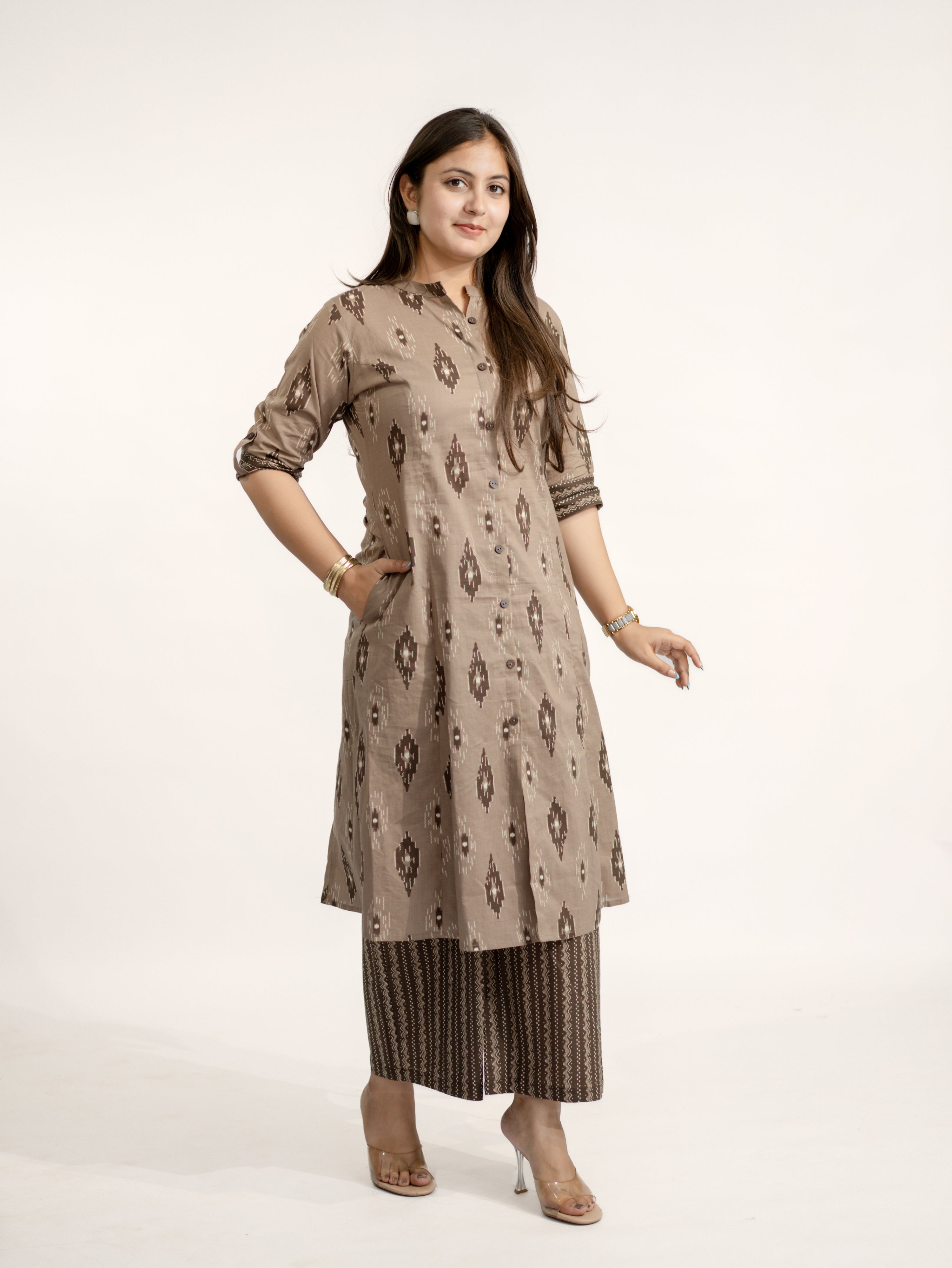 Urvi Brown Ikkat A-line Cotton Kurta Set