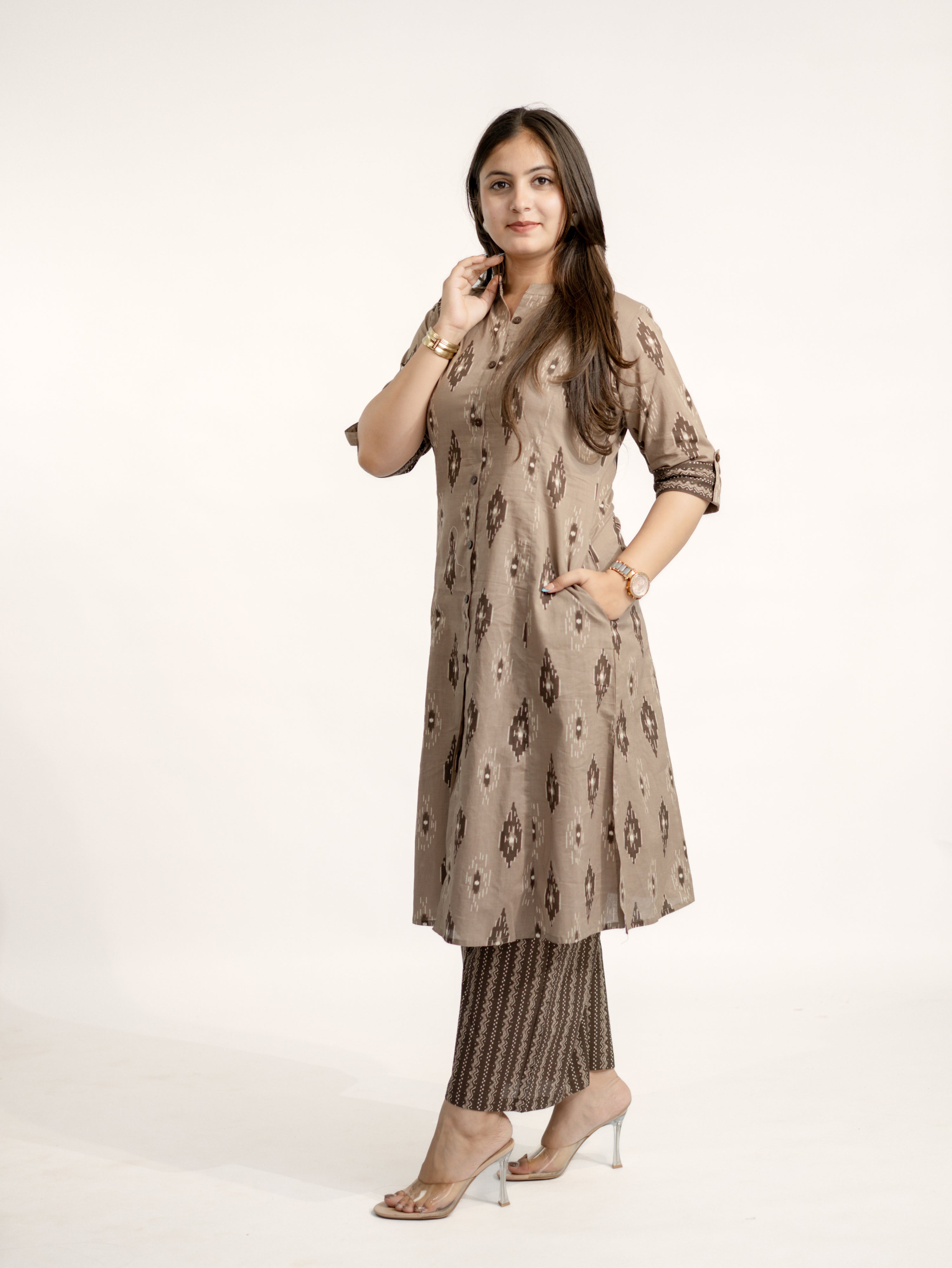 Urvi Brown Ikkat A-line Cotton Kurta Set