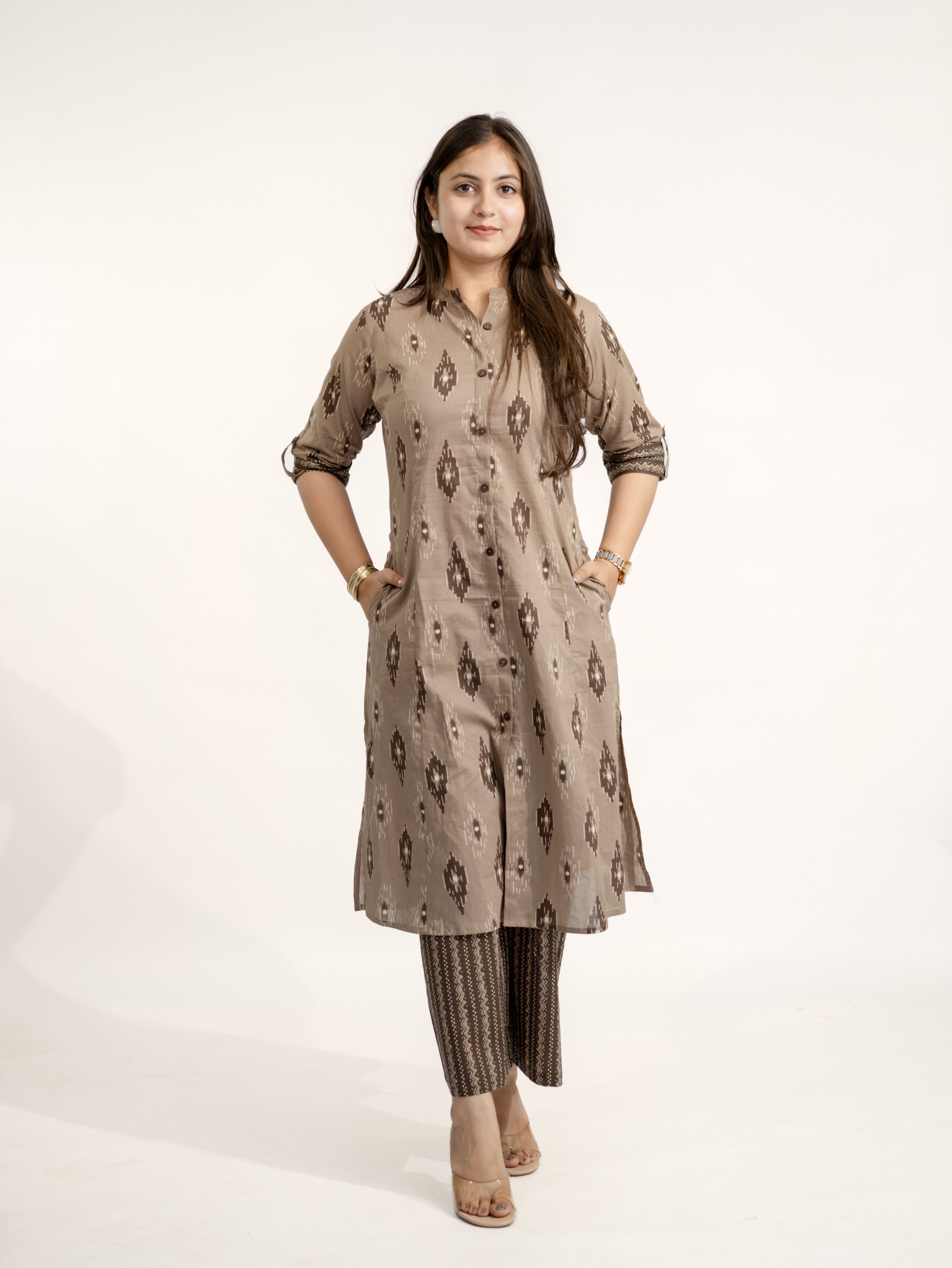 Urvi Brown Ikkat A-line Cotton Kurta Set