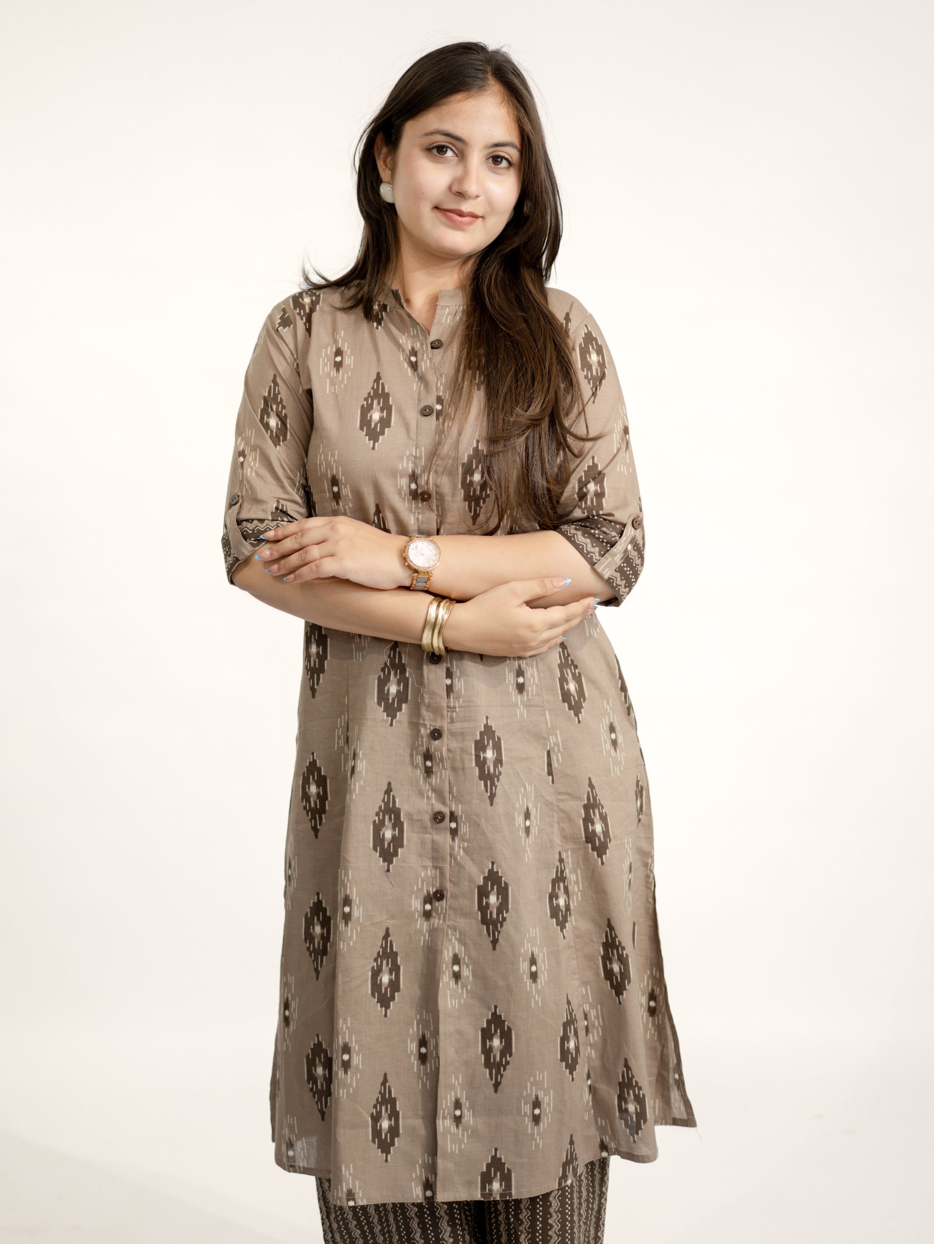 Urvi Brown Ikkat A-line Cotton Kurta Set