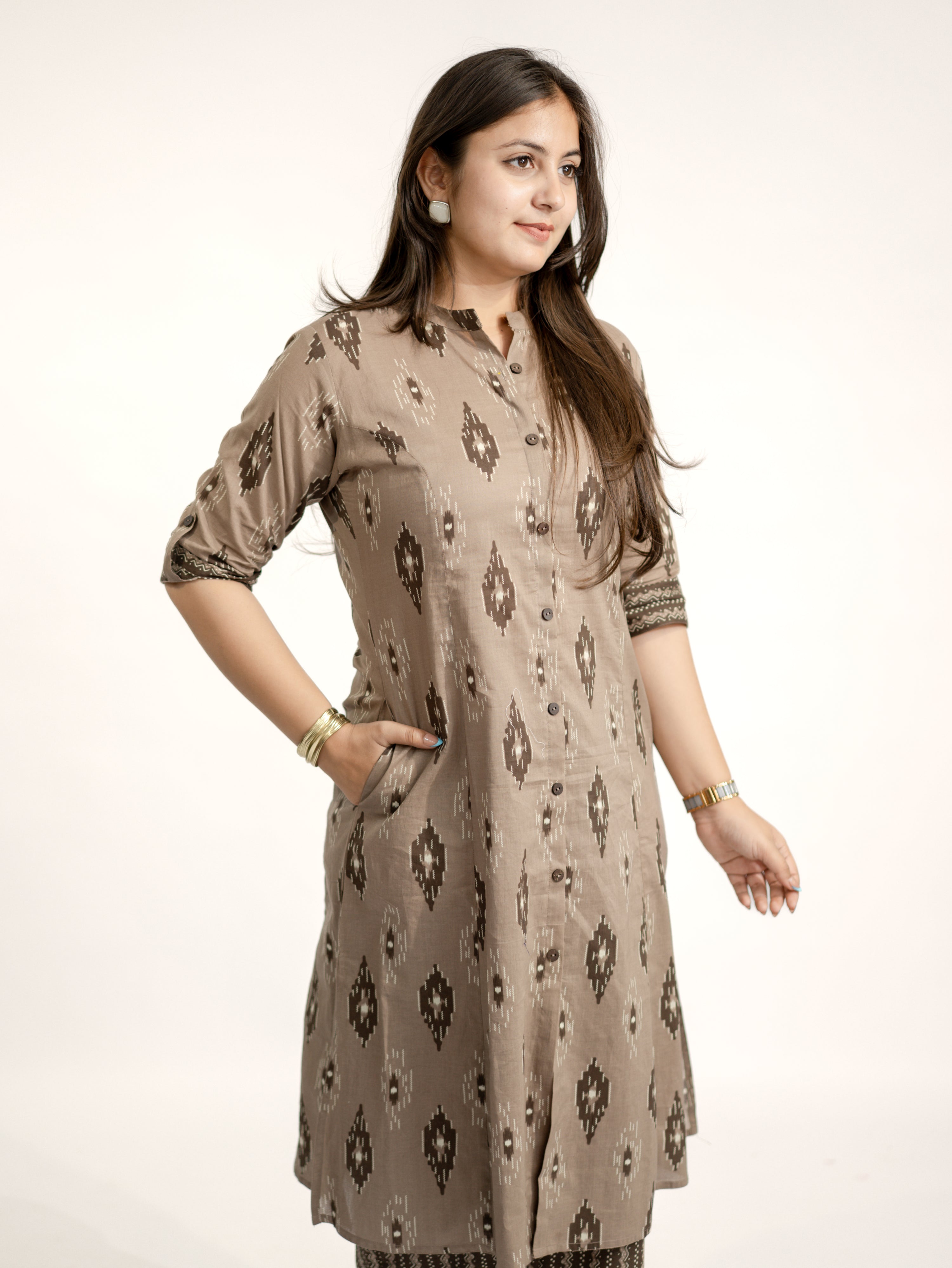 Urvi Brown Ikkat A-line Cotton Kurta Set