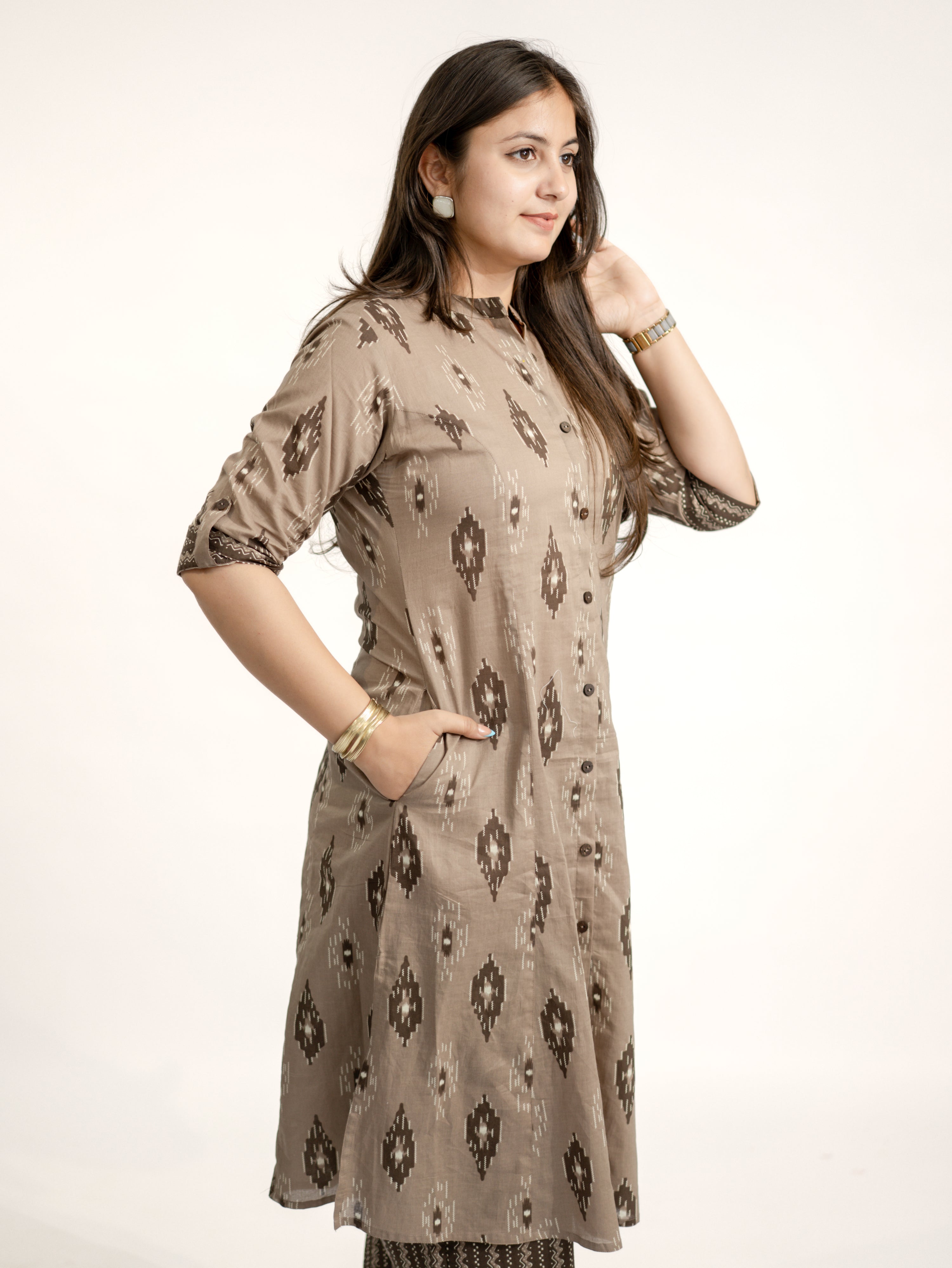 Urvi Brown Ikkat A-line Cotton Kurta Set